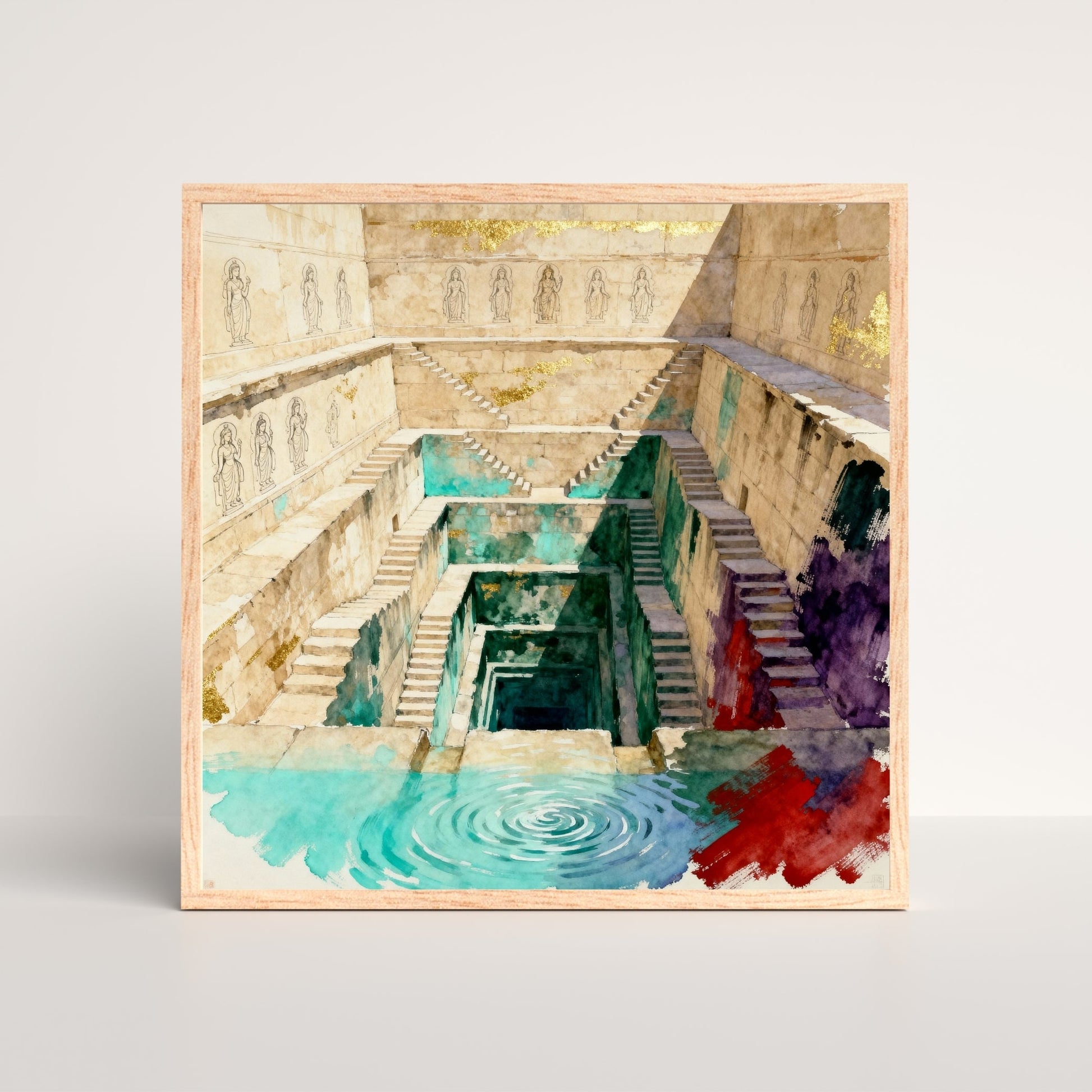 The Sacred Depths – Indian Stepwell Wall Painting 1 : 1 Square Premium Wall Art Canvas by MeriDeewar