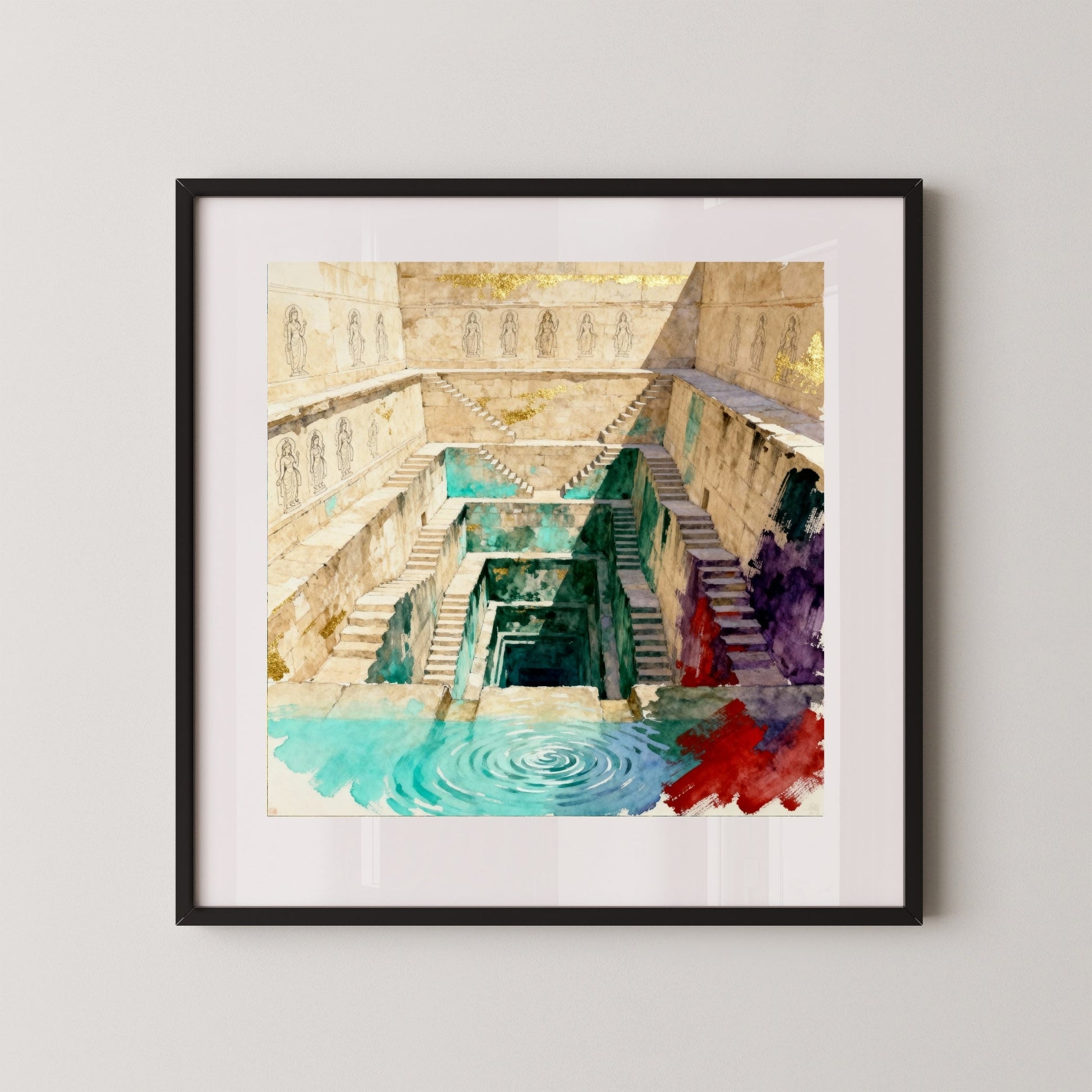 The Sacred Depths – Indian Stepwell Wall Painting 1 : 1 Square Premium Wall Art Canvas by MeriDeewar