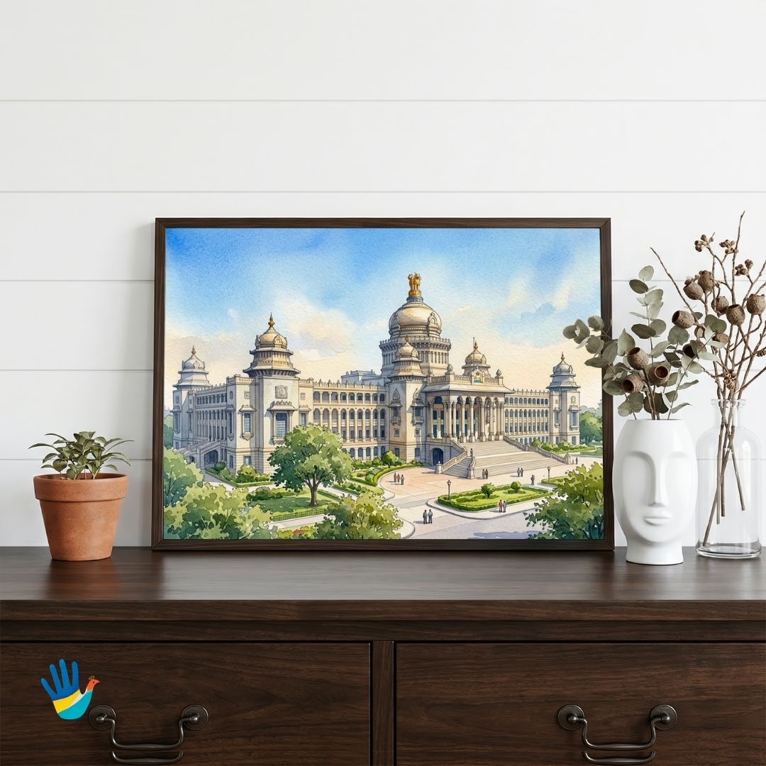The Vidhana Soudha | Bangalore Architecture Watercolor Framed Art 4 : 3 Horizontal Premium Wall Art Canvas by MeriDeewar