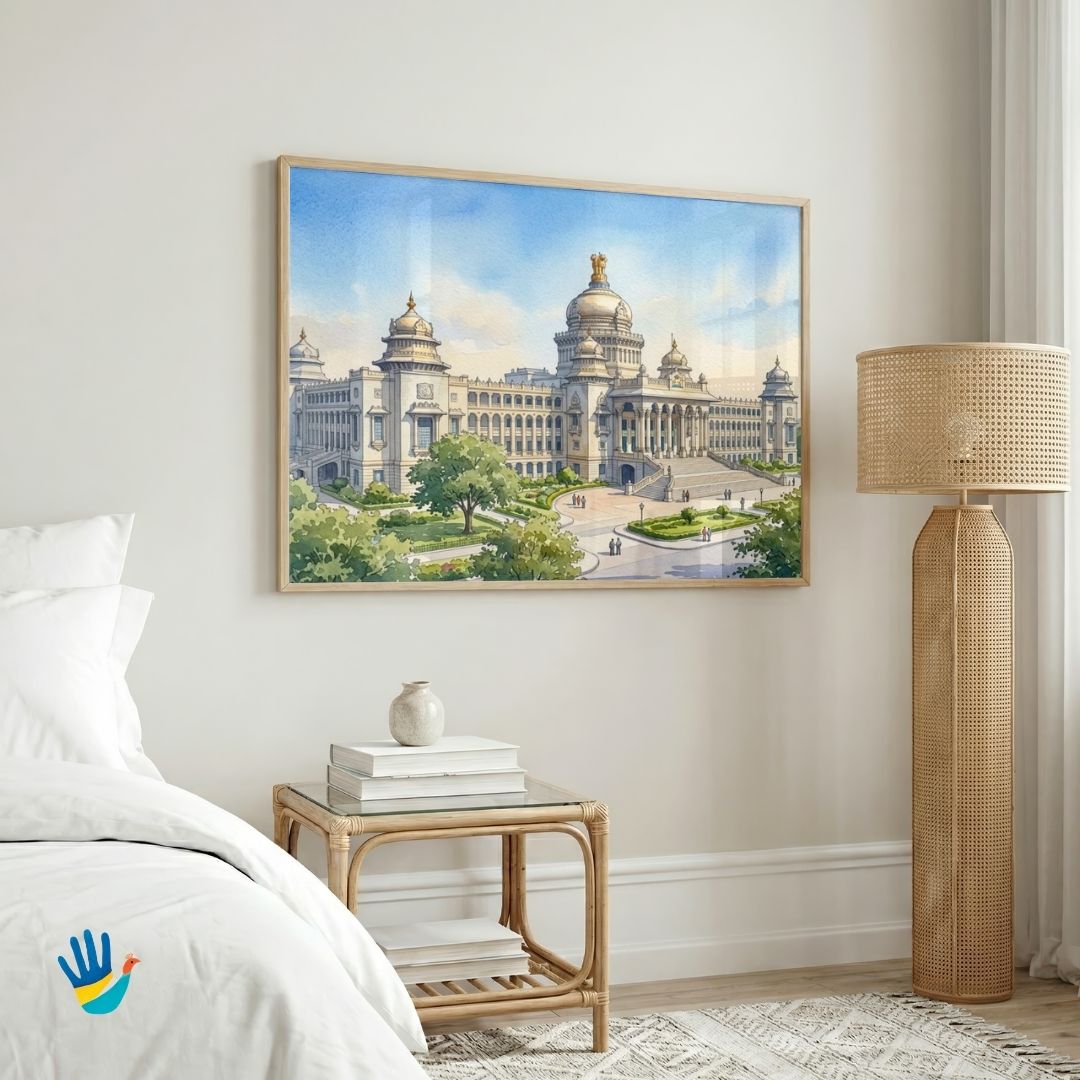 The Vidhana Soudha | Bangalore Architecture Watercolor Framed Art 4 : 3 Horizontal Premium Wall Art Canvas by MeriDeewar