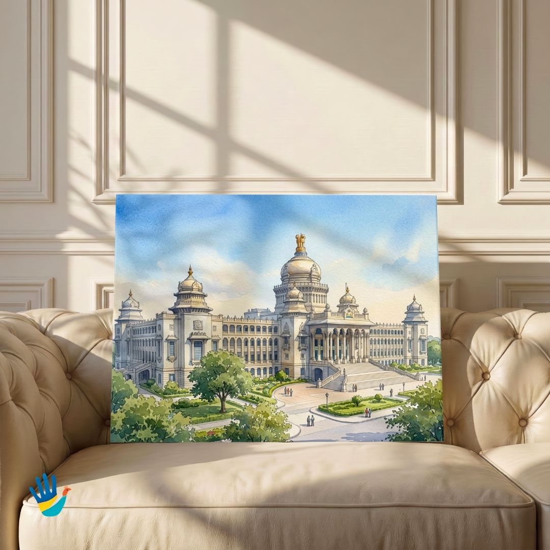 The Vidhana Soudha | Bangalore Architecture Watercolor Framed Art 4 : 3 Horizontal Premium Wall Art Canvas by MeriDeewar
