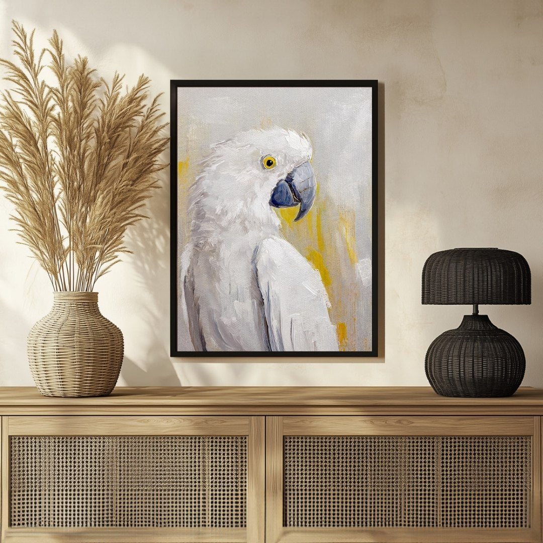 the white Parrot Bird Abstract Painting - Modern Art for Your Walls 3 : 4 Vertical New Premium Wall Art Canvas by MeriDeewar