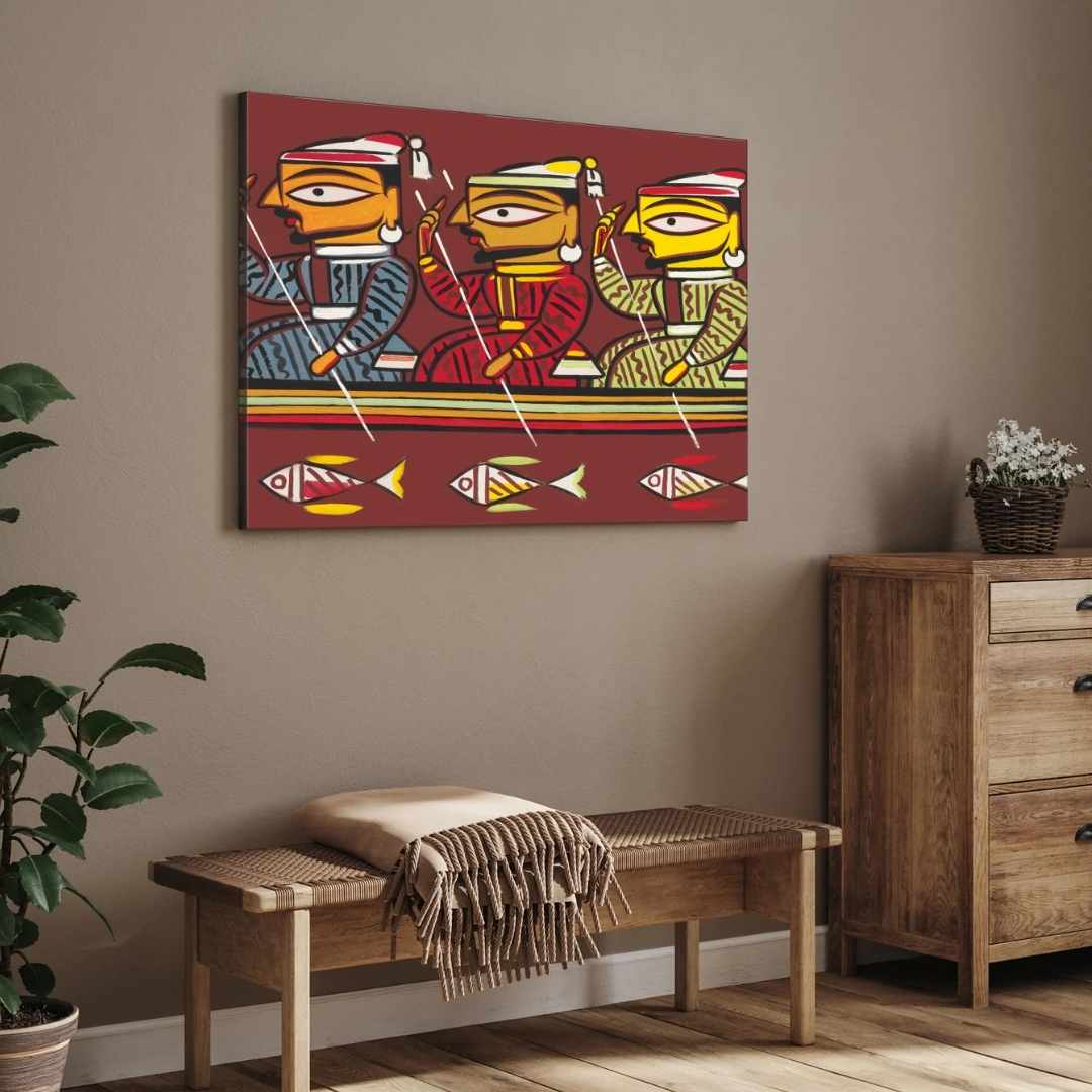"Three Boatmen" Jamini Roy Painting | Fine Art Wall Art 3 : 2 Horizontal Premium Wall Art Canvas by MeriDeewar
