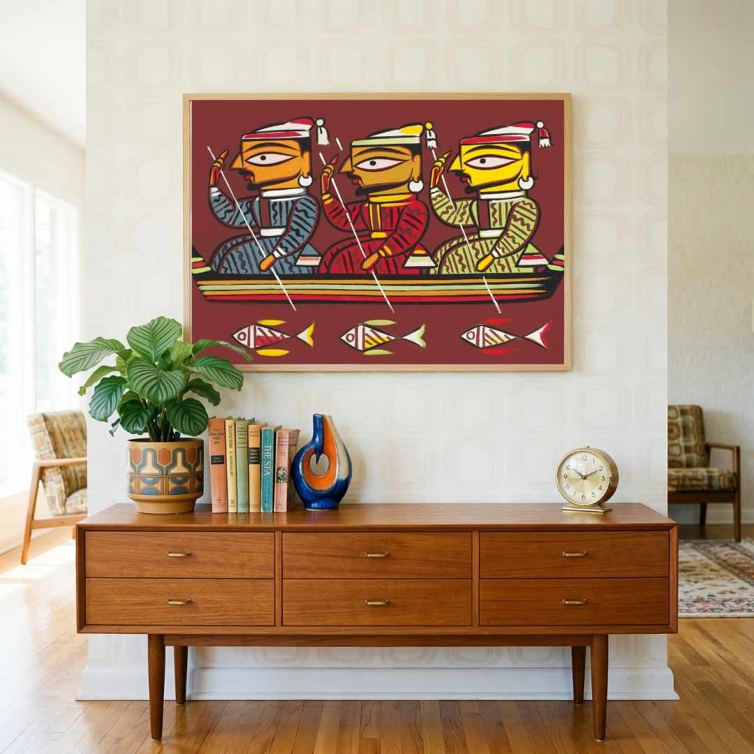 "Three Boatmen" Jamini Roy Painting | Fine Art Wall Art 3 : 2 Horizontal Premium Wall Art Canvas by MeriDeewar