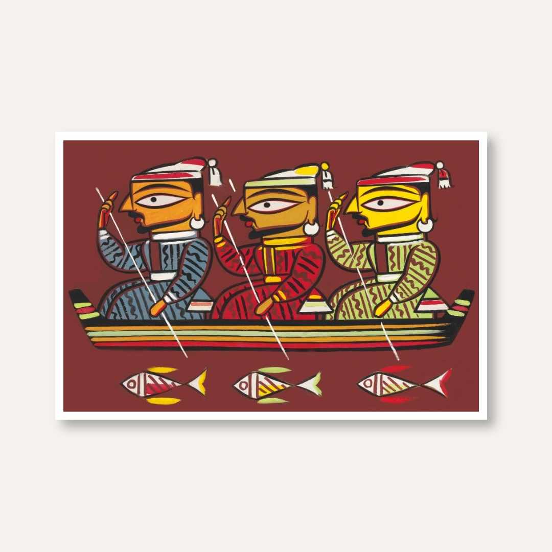 "Three Boatmen" Jamini Roy Painting | Fine Art Wall Art 3 : 2 Horizontal Premium Wall Art Canvas by MeriDeewar