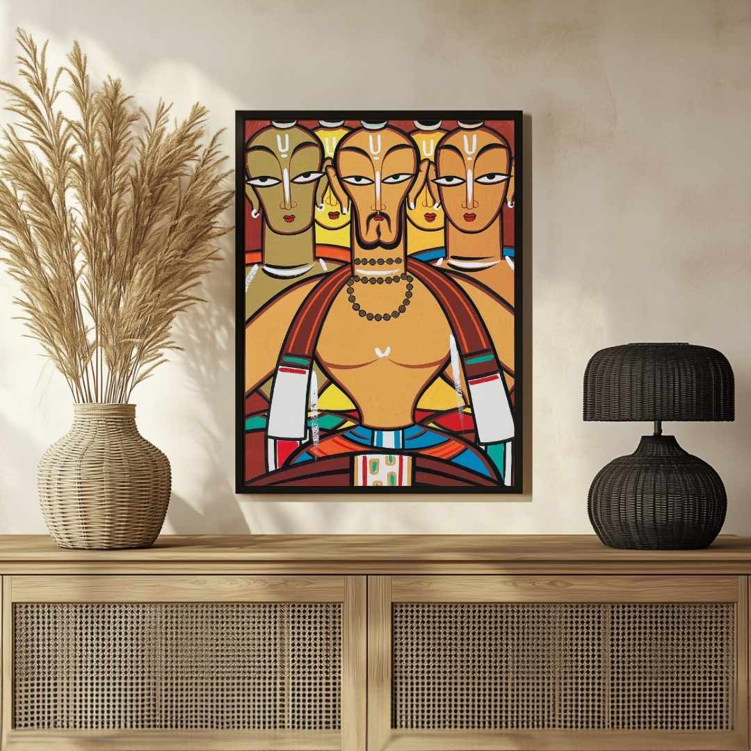 "Three Drummers" Jamini Roy Painting | Fine Art Wall Art 2 : 3 Vertical Premium Wall Art Canvas by MeriDeewar