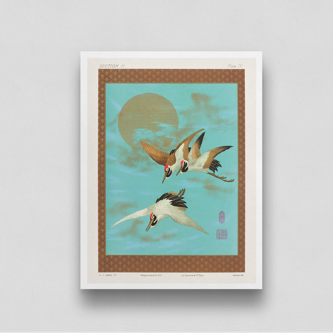 Three Sarus Crane Flying in front of the Moon by George Ashdown Audsley 3 : 4 Vertical New Premium Wall Art Canvas by MeriDeewar