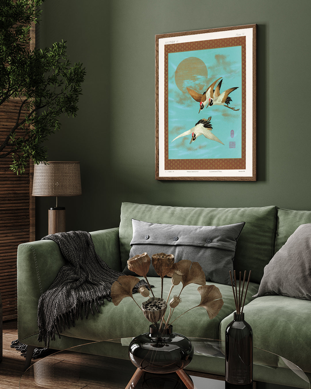Three Sarus Crane Flying in front of the Moon by George Ashdown Audsley 3 : 4 Vertical New Premium Wall Art Canvas by MeriDeewar