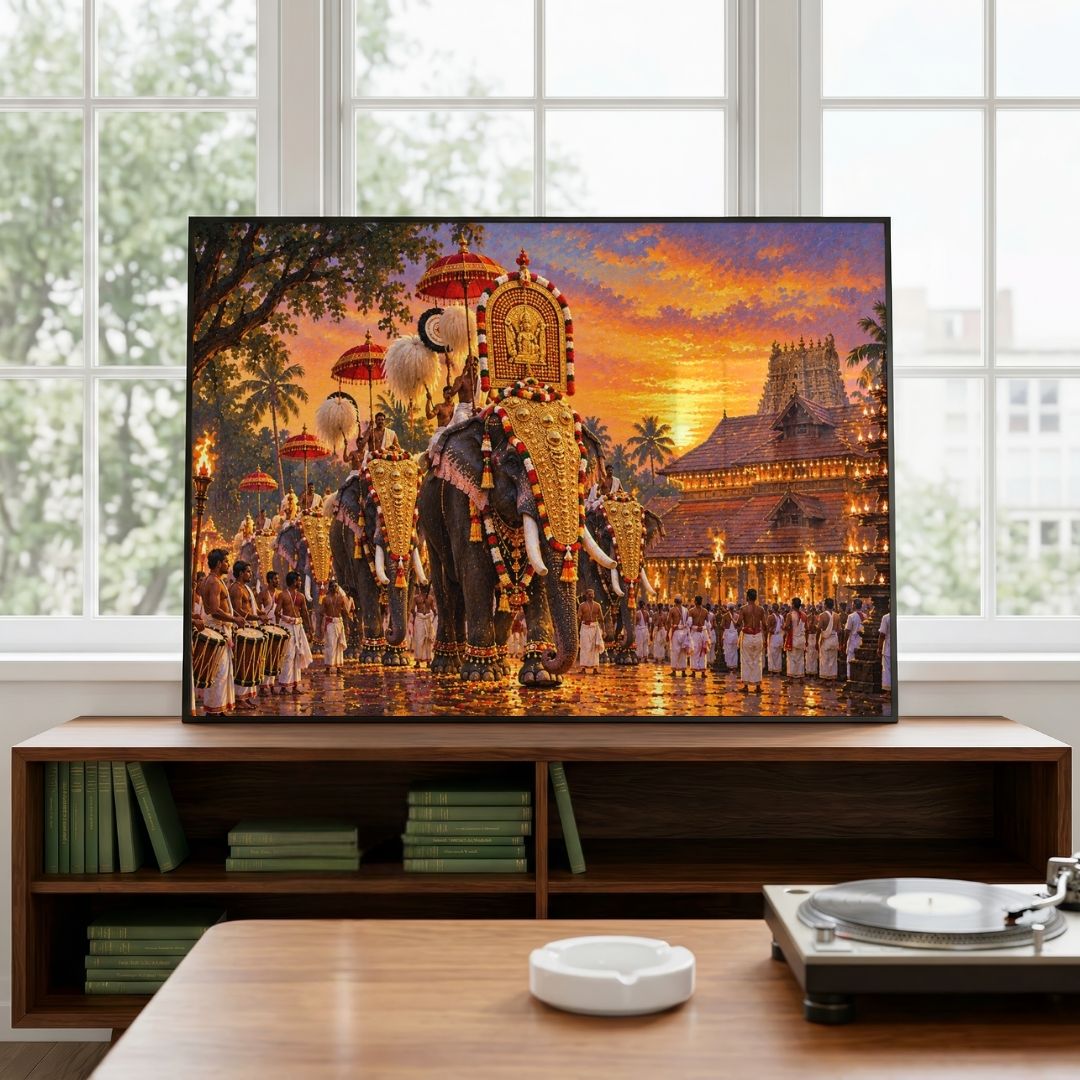 Thrissur Pooram | Sacred Kerala Elephant Festival Gallery Wrap Canvas Curate Black Premium Wall Art Canvas by MeriDeewar
