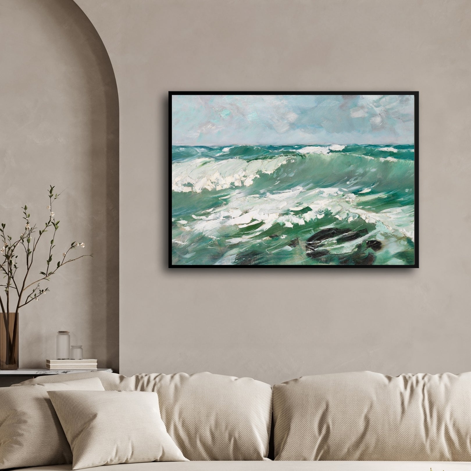Tide Whisper – Serene Green Ocean Waves Wall Art 2 : 3 Horizontal Premium Wall Art Canvas by MeriDeewar