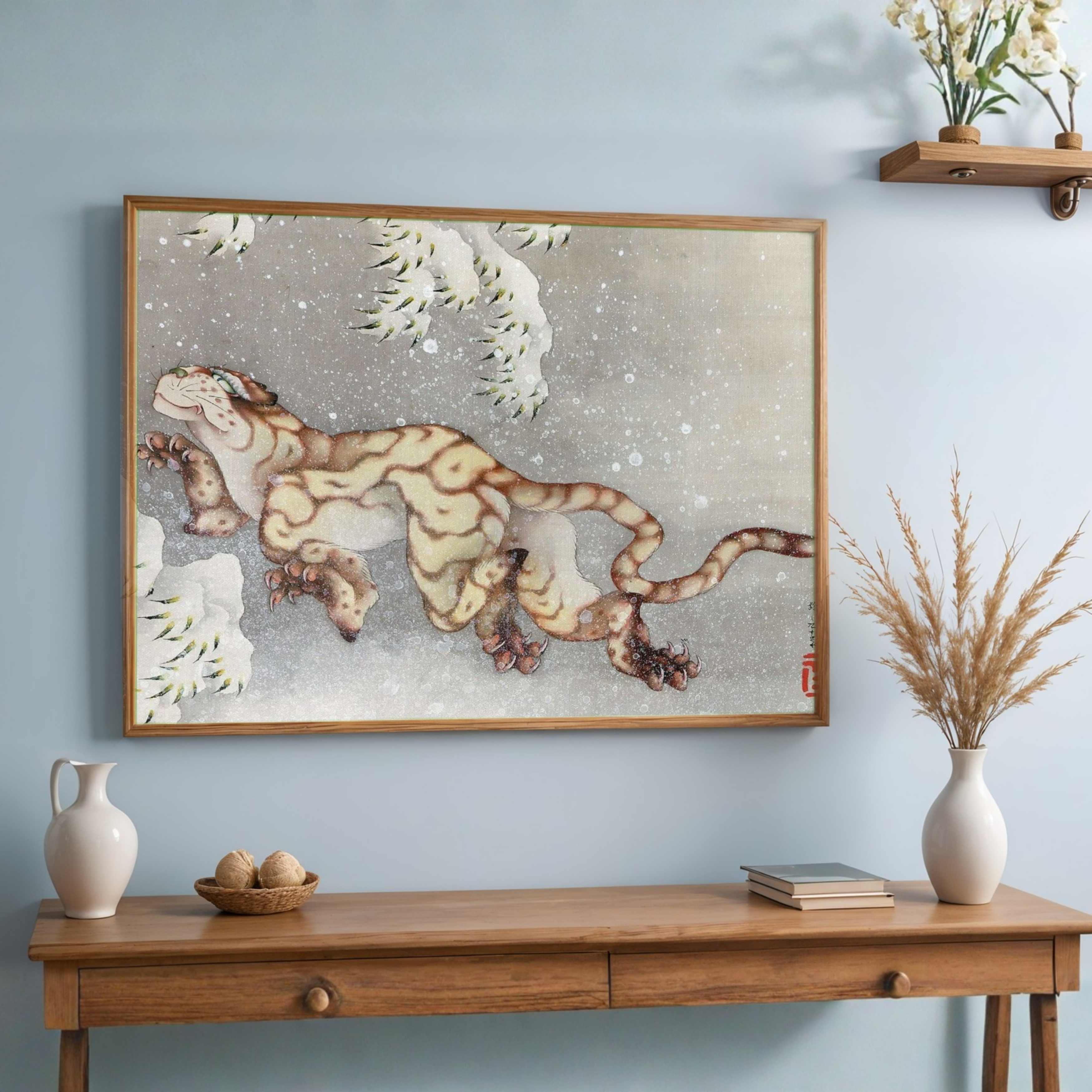 Tiger Painting for Living Room – Japanese Snow Tiger Wall Art | Hokusai Giclée Print 3 : 2 Horizontal Premium Wall Art Canvas by MeriDeewar