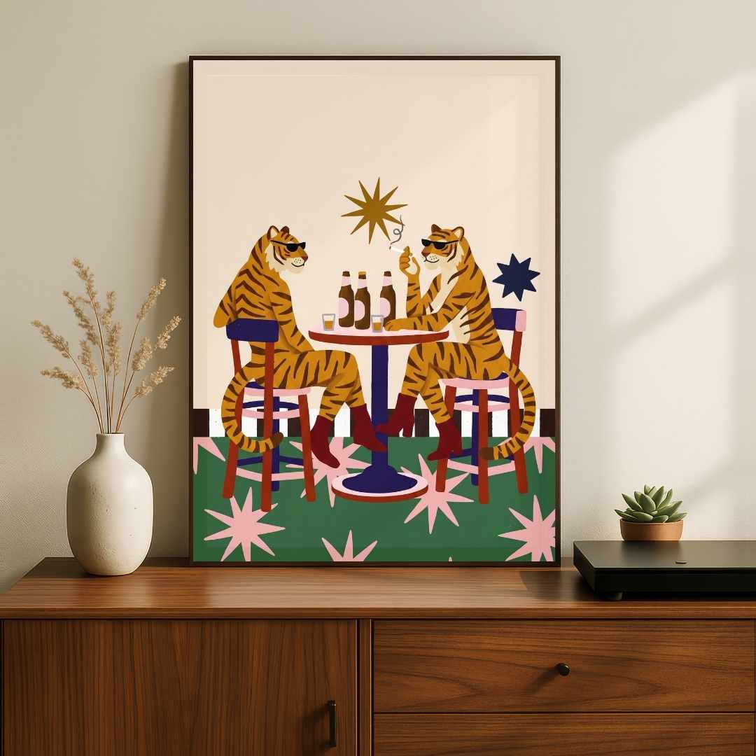 "Tigers at the Bar" Quirky Illustration Art Poster | Vertical Borderless Art Frame Poster Premium Wall Art Canvas by MeriDeewar