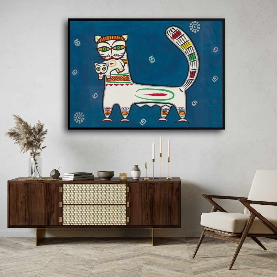 Traditional Cat and Kitten Jamini Roy Painting | Wall Art Decor 3 : 2 Horizontal Premium Wall Art Canvas by MeriDeewar