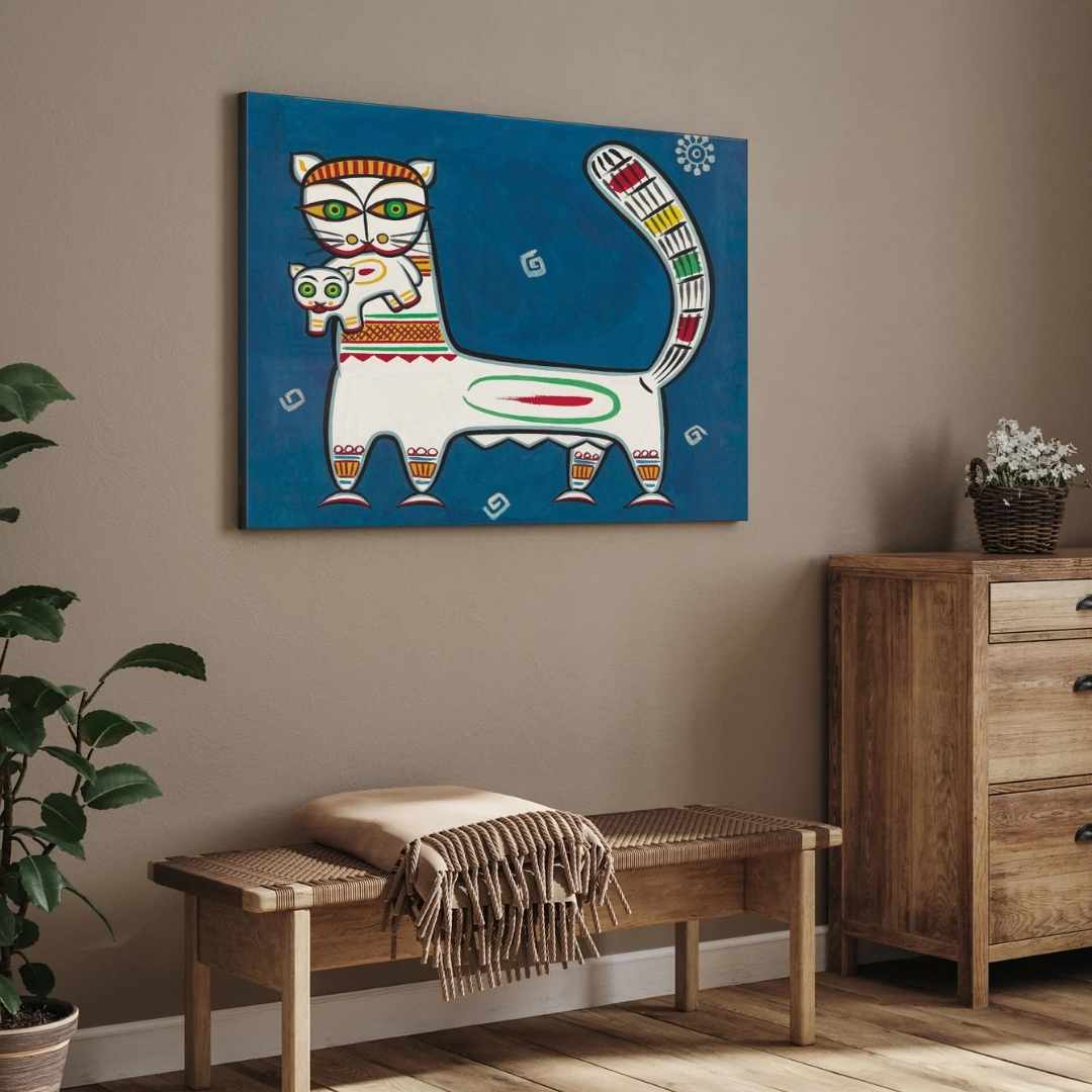 Traditional Cat and Kitten Jamini Roy Painting | Wall Art Decor 3 : 2 Horizontal Premium Wall Art Canvas by MeriDeewar