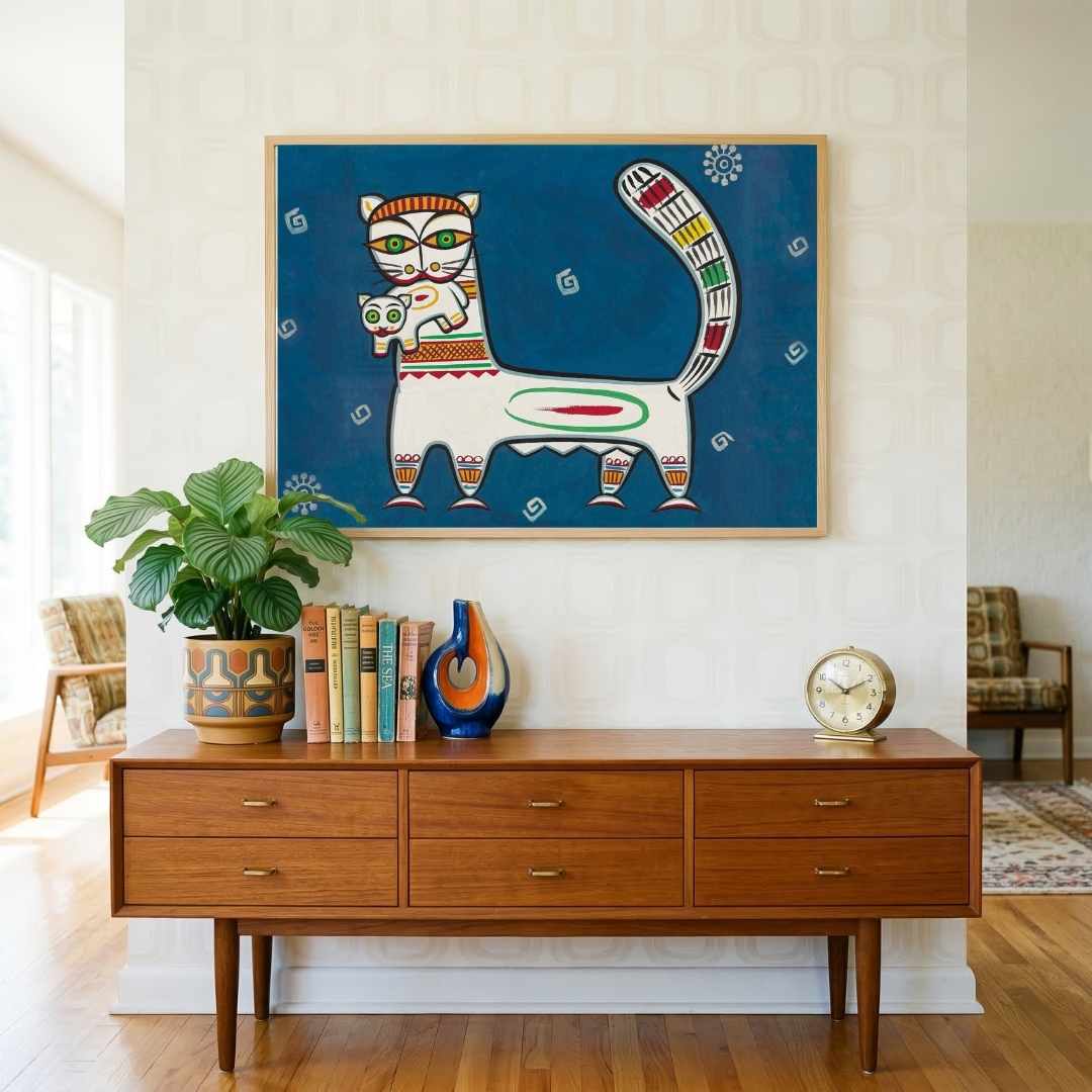 Traditional Cat and Kitten Jamini Roy Painting | Wall Art Decor 3 : 2 Horizontal Premium Wall Art Canvas by MeriDeewar