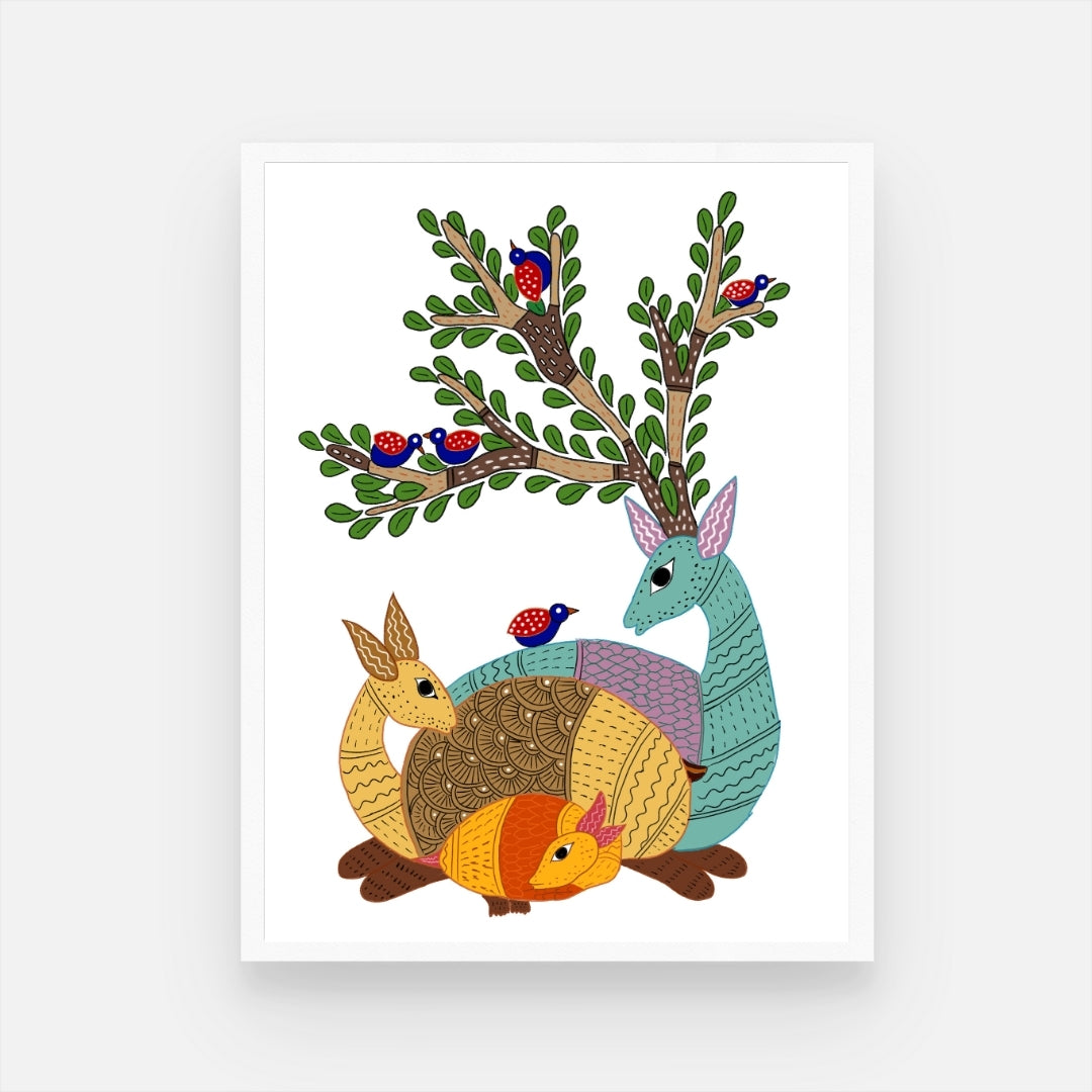 Traditional Gond Art: Mother & Baby Deer Painting - Buy Online 3 : 4 Vertical New Premium Wall Art Canvas by MeriDeewar