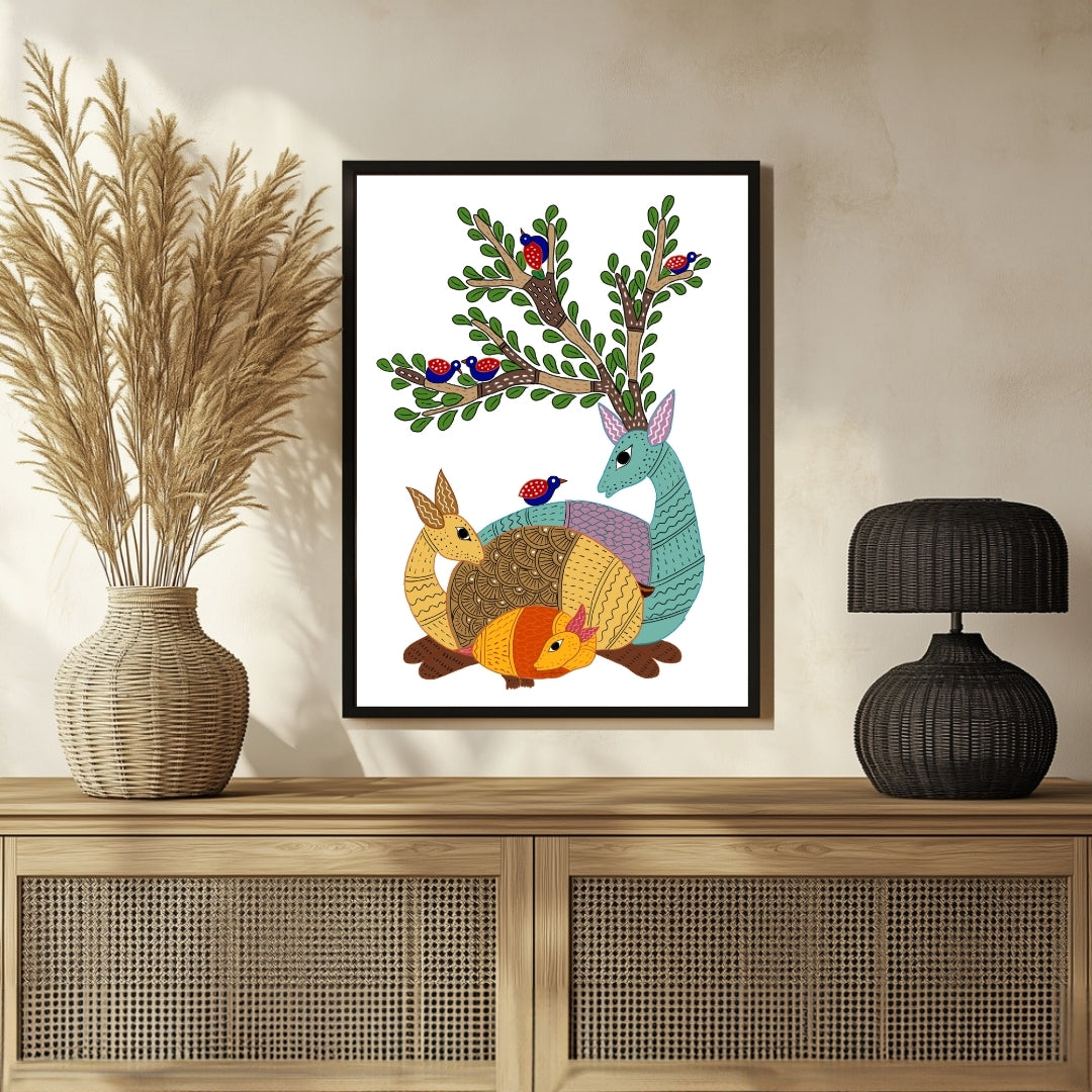 Traditional Gond Art: Mother & Baby Deer Painting - Buy Online 3 : 4 Vertical New Premium Wall Art Canvas by MeriDeewar
