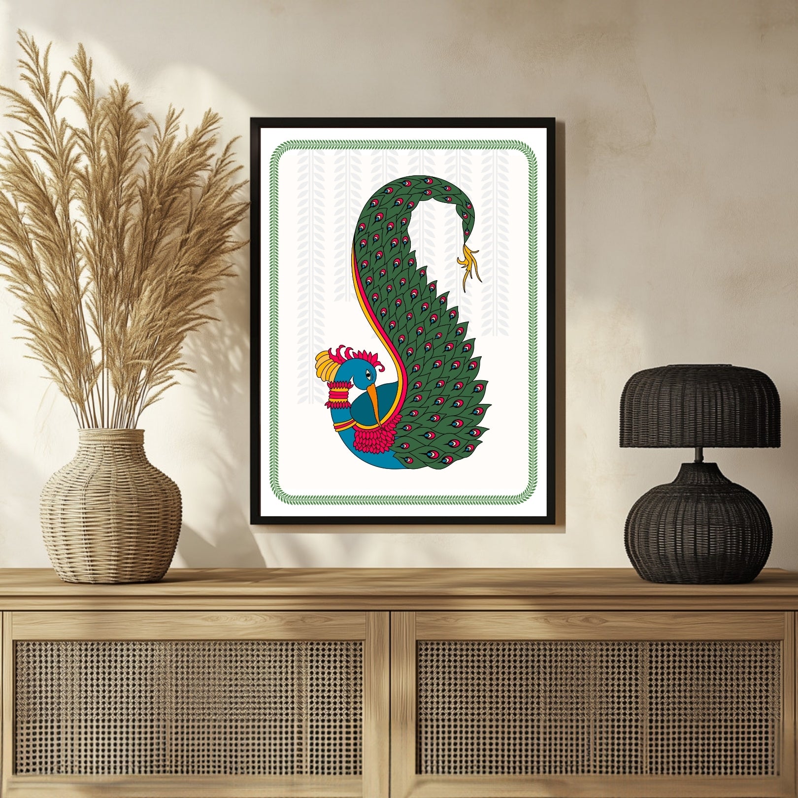 Traditional Peacock Madhubani Art - Elegance for Your Home 3 : 4 Vertical New Premium Wall Art Canvas by MeriDeewar