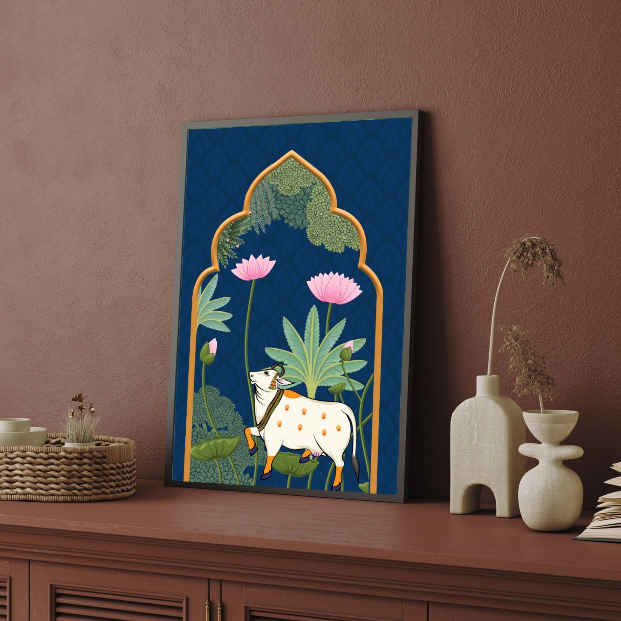 Traditional Pichwai Art Sacred Cow With Lotus Flowers 2 : 3 Vertical Premium Wall Art Canvas by MeriDeewar