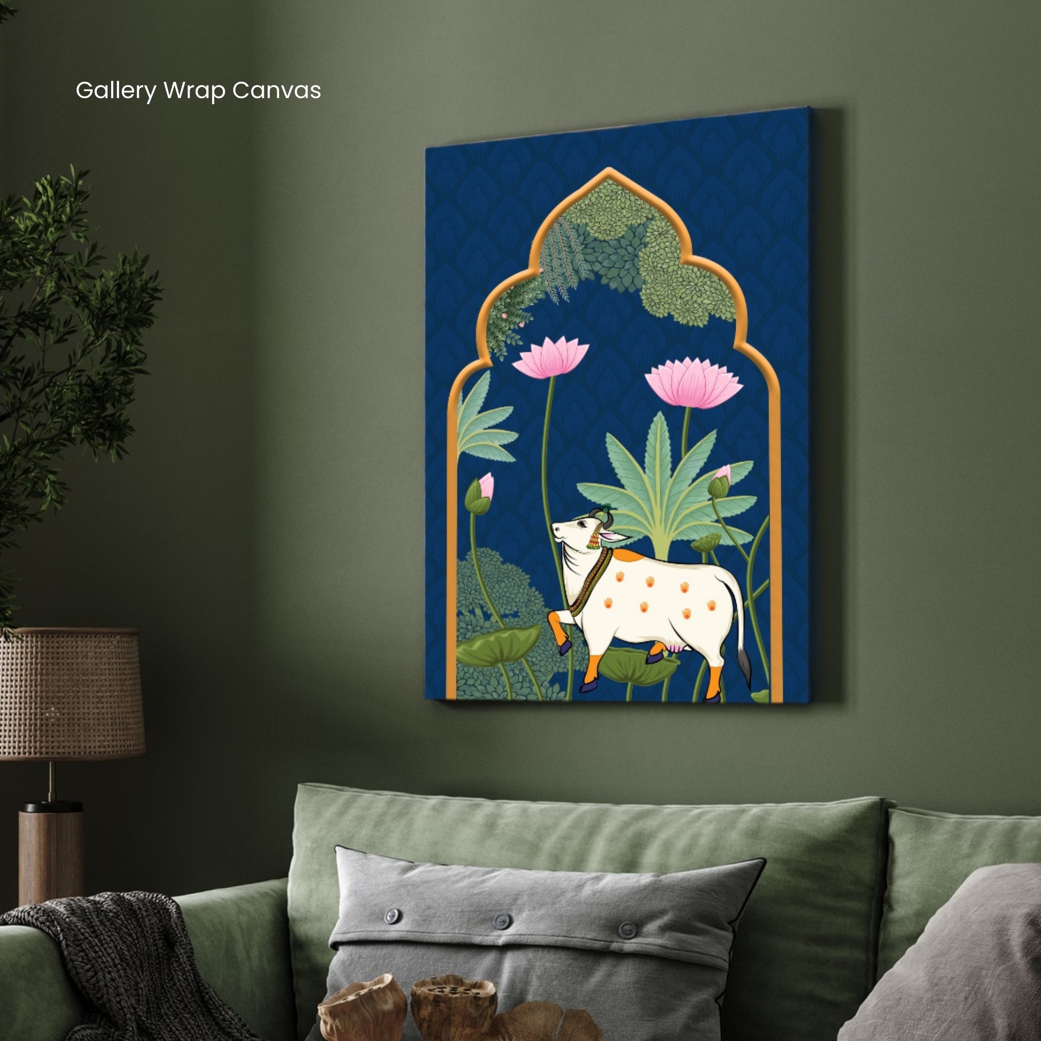 Traditional Pichwai Art Sacred Cow With Lotus Flowers 2 : 3 Vertical Premium Wall Art Canvas by MeriDeewar