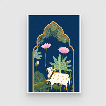 Traditional Pichwai Art Sacred Cow With Lotus Flowers 2 : 3 Vertical Premium Wall Art Canvas by MeriDeewar