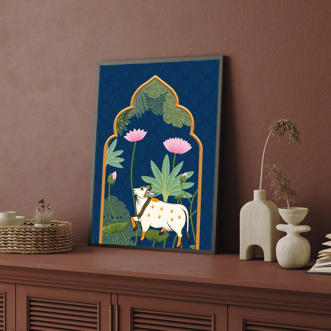 Traditional Pichwai Art Sacred Cow With Lotus Flowers 2 : 3 Vertical Premium Wall Art Canvas by MeriDeewar