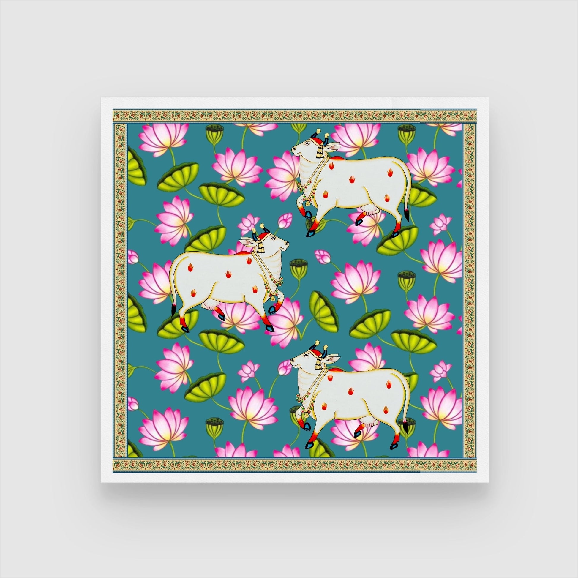 Traditional Pichwai Cow Art – Authentic Indian Classic Painting 1 : 1 Square Premium Wall Art Canvas by MeriDeewar