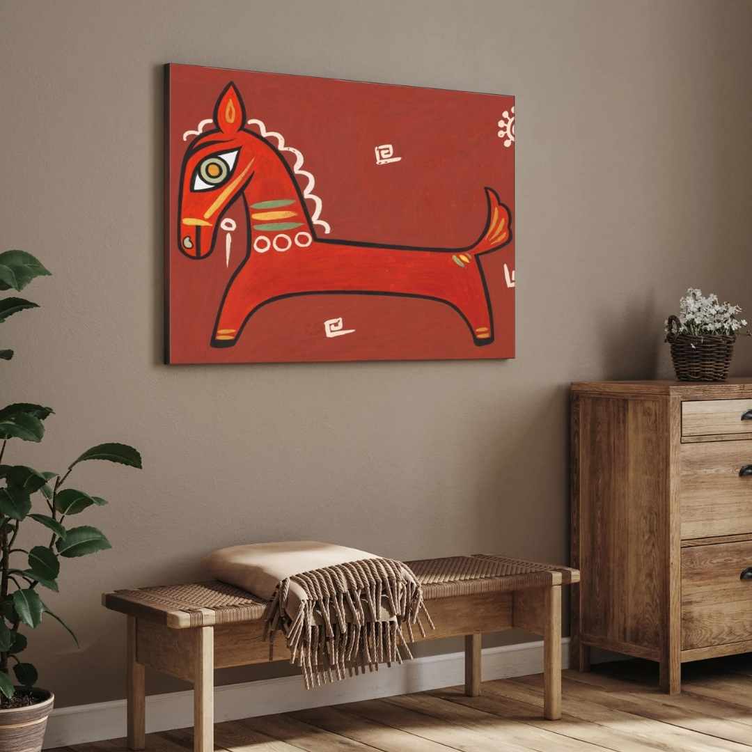 "Traditional Red Horse on Terracotta" Jamini Roy Painting | Fine Art Wall Art 3 : 2 Horizontal Premium Wall Art Canvas by MeriDeewar
