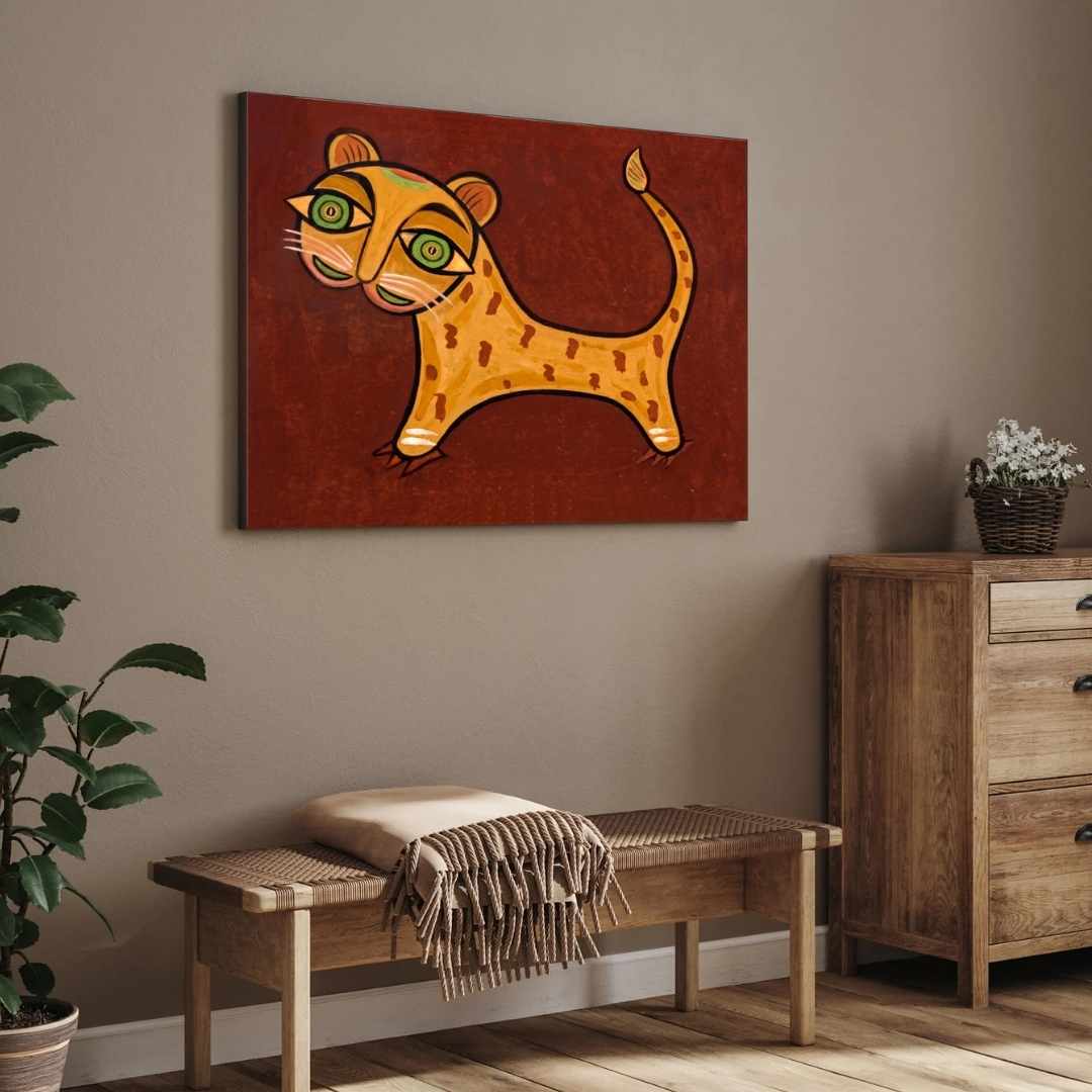 "Traditional Tiger" Jamini Roy Painting | Fine Art Wall Art 3 : 2 Horizontal Premium Wall Art Canvas by MeriDeewar