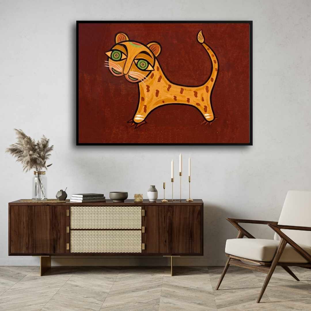 "Traditional Tiger" Jamini Roy Painting | Fine Art Wall Art 3 : 2 Horizontal Premium Wall Art Canvas by MeriDeewar
