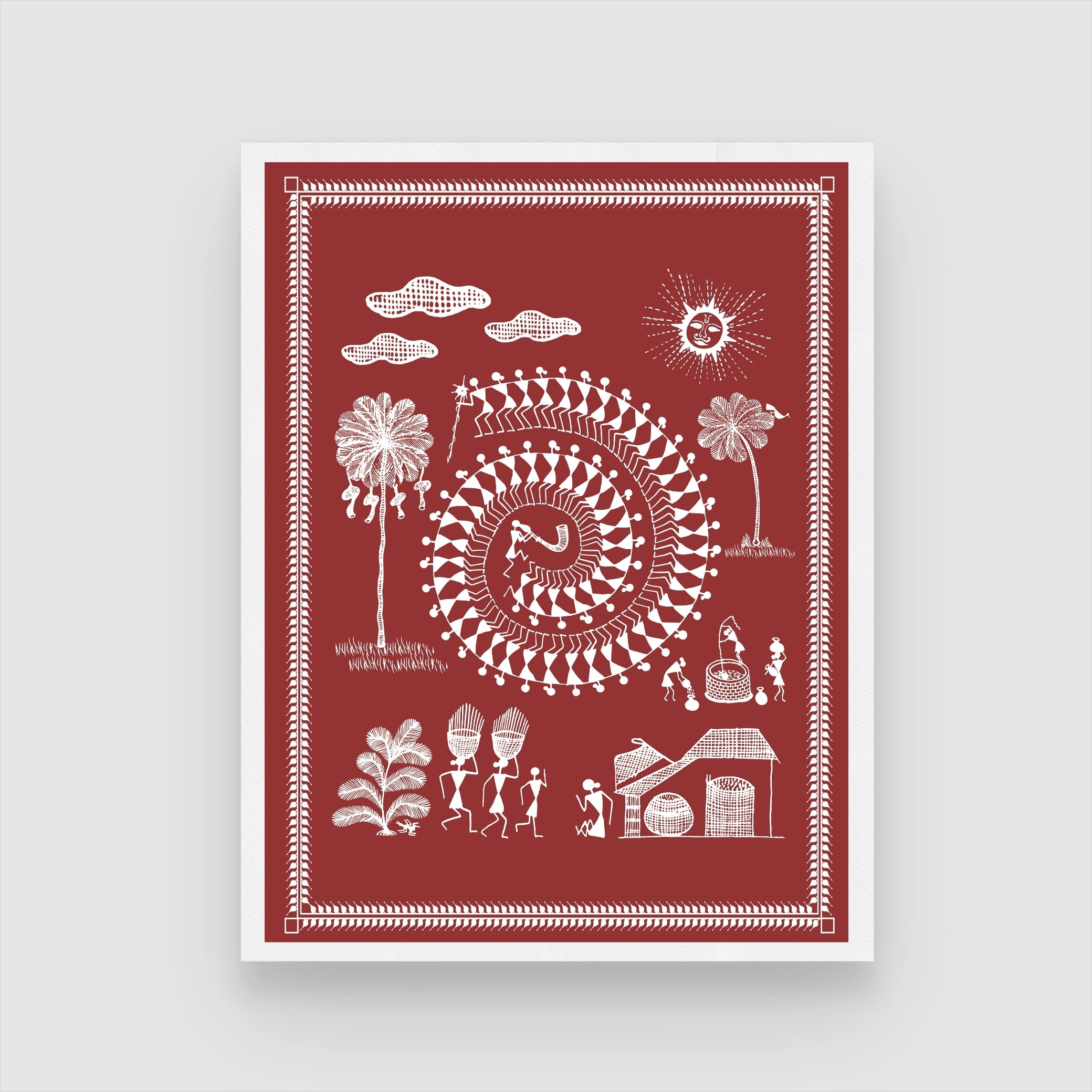 Traditional Warli Folk Art: Indian Village Life Painting 3 : 4 Vertical New Premium Wall Art Canvas by MeriDeewar