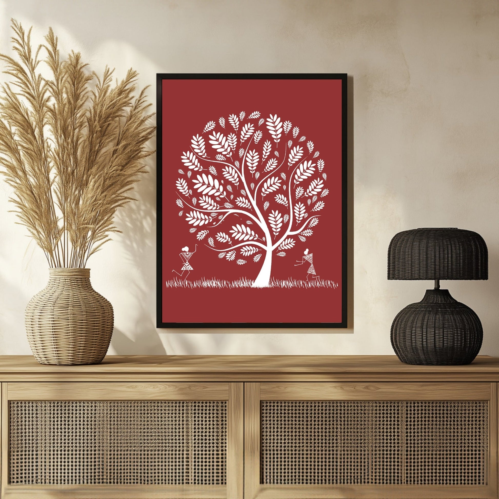 Traditional Warli Tree Art - Unique Cultural Painting for Home 3 : 4 Vertical New Premium Wall Art Canvas by MeriDeewar