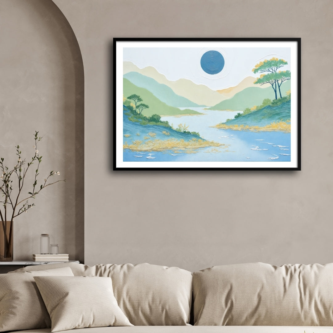 Tranquil Horizon – Serene Landscape Wall Art on Canvas 2 : 3 Horizontal Premium Wall Art Canvas by MeriDeewar
