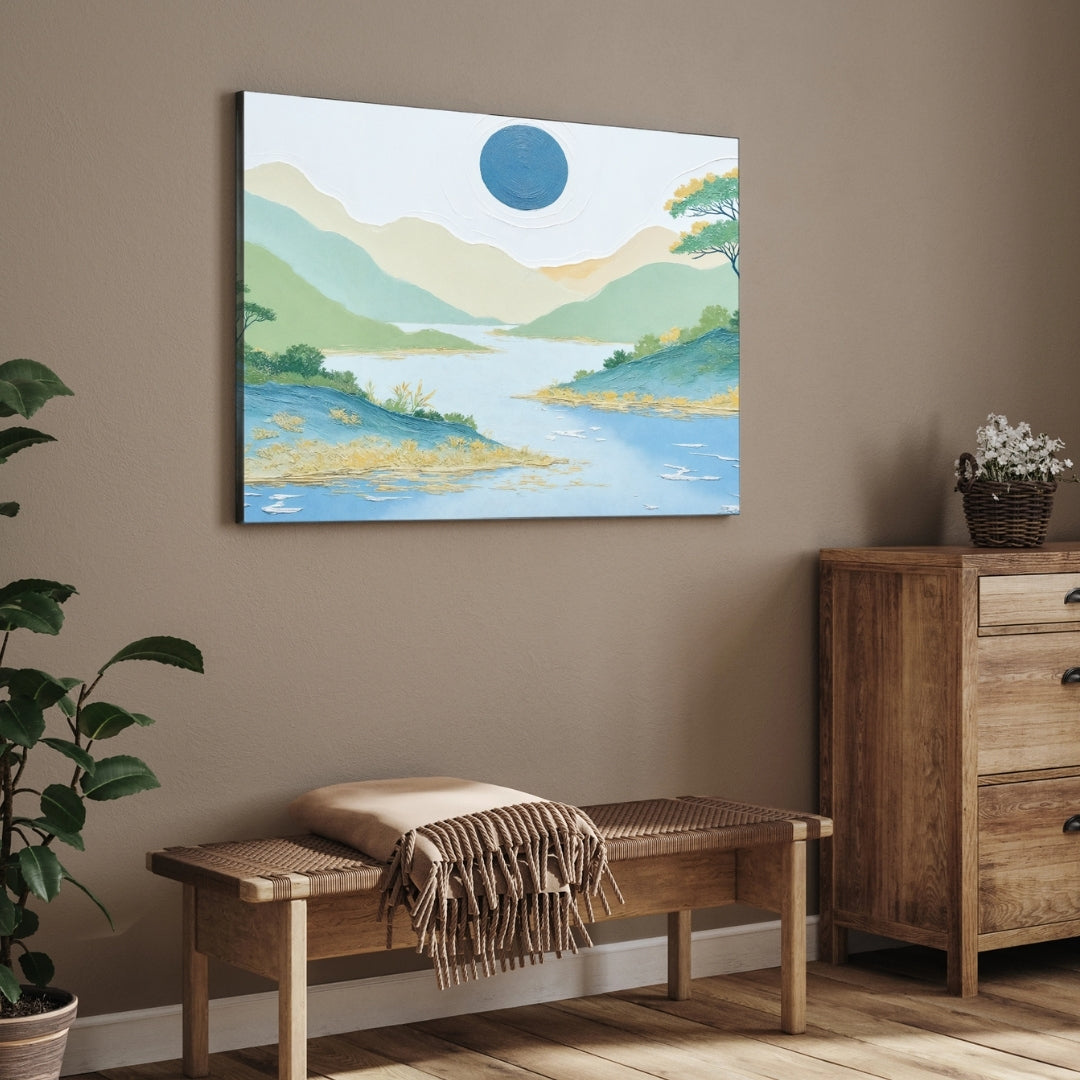 Tranquil Horizon – Serene Landscape Wall Art on Canvas 2 : 3 Horizontal Premium Wall Art Canvas by MeriDeewar