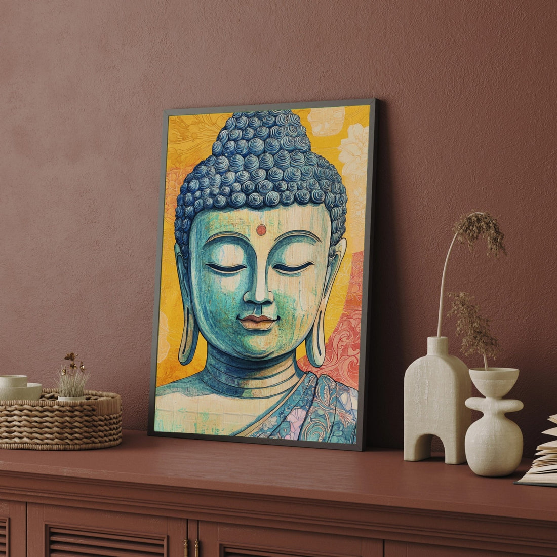 Tranquil Wisdom – Blue Buddha Wall Art Canvas for Home Décor 2 : 3 Vertical Premium Wall Art Canvas by MeriDeewar