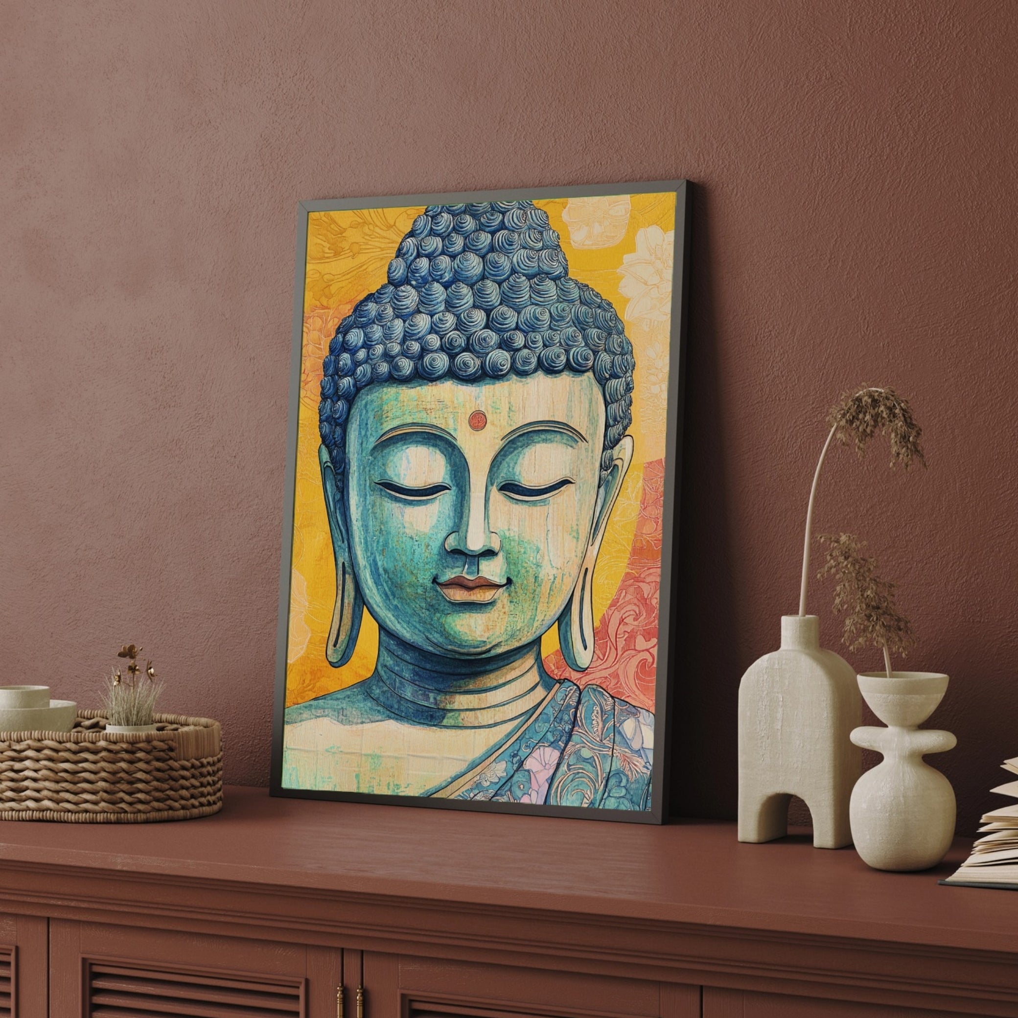 Tranquil Wisdom – Blue Buddha Wall Art Canvas for Home Décor 2 : 3 Vertical Premium Wall Art Canvas by MeriDeewar