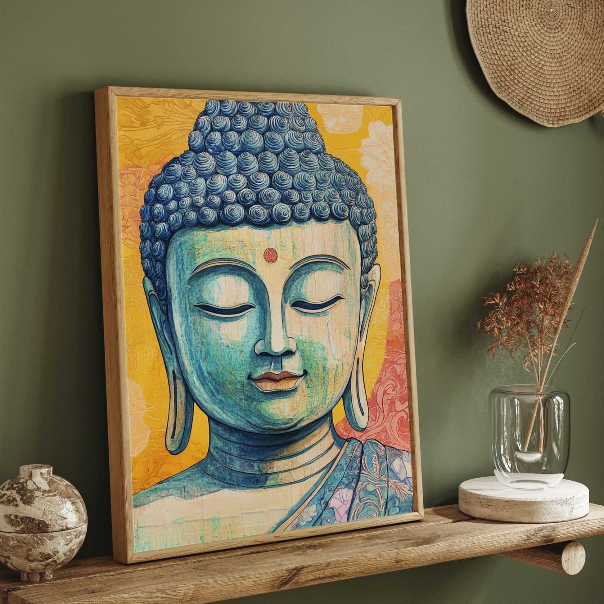 Tranquil Wisdom – Blue Buddha Wall Art Canvas for Home Décor 2 : 3 Vertical Premium Wall Art Canvas by MeriDeewar