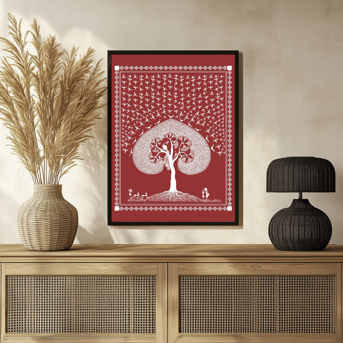 Tree & Bird Harmony: Warli Tranquility Rural Life Art 3 : 4 Vertical New Premium Wall Art Canvas by MeriDeewar