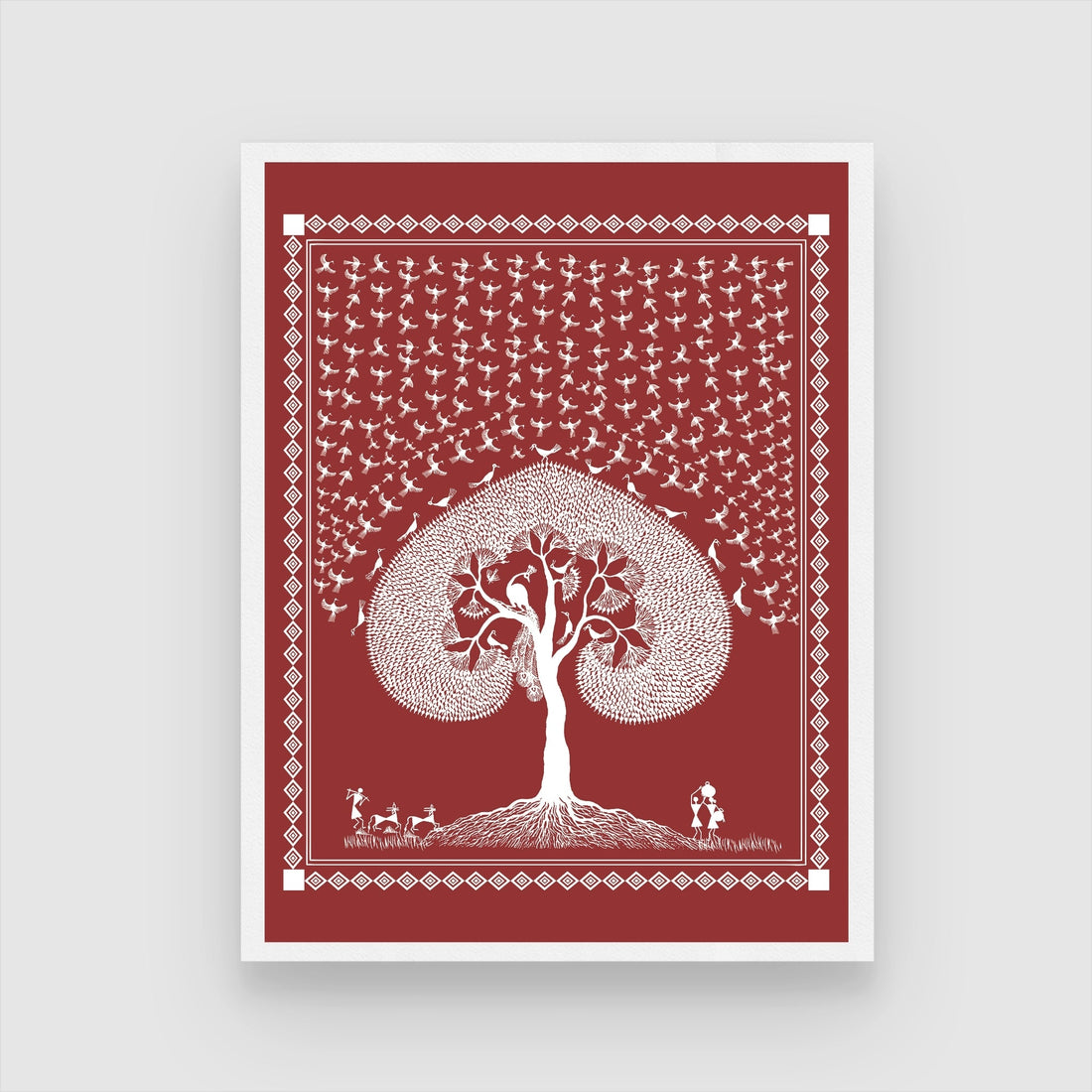 Tree & Bird Harmony: Warli Tranquility Rural Life Art 3 : 4 Vertical New Premium Wall Art Canvas by MeriDeewar