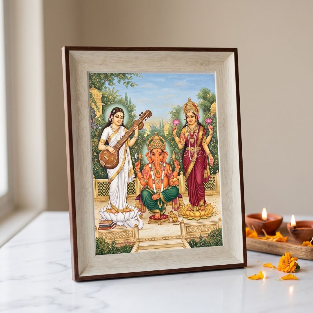 Tridevi-Ganesha | Lakshmi Ganesha Saraswati Vertical Framed Art Curate Premium Wall Art Canvas by MeriDeewar