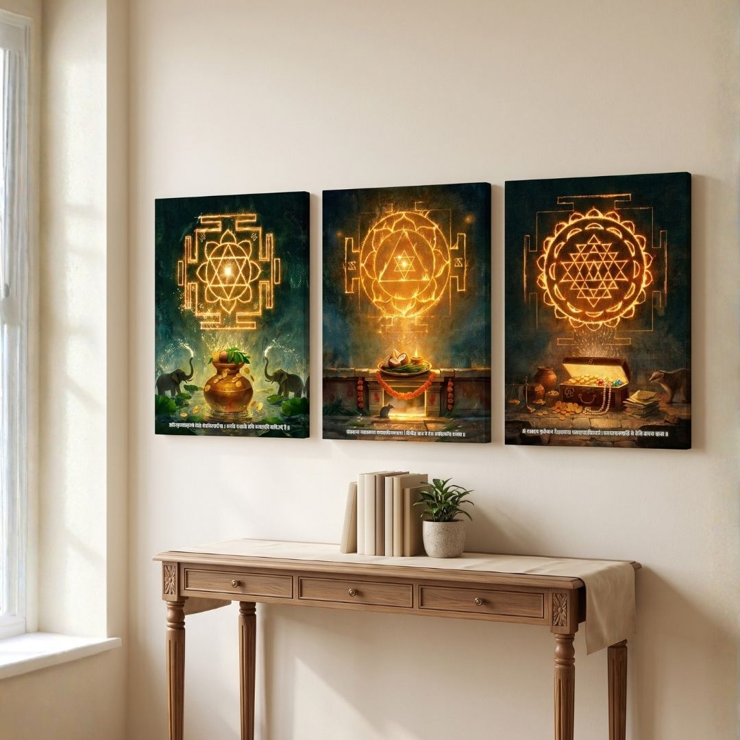 Trishakti | Set of 3 Vertical Canvas Sacred Durga, Ganesha & Kubera Yantra Curate Premium Wall Art Canvas by MeriDeewar