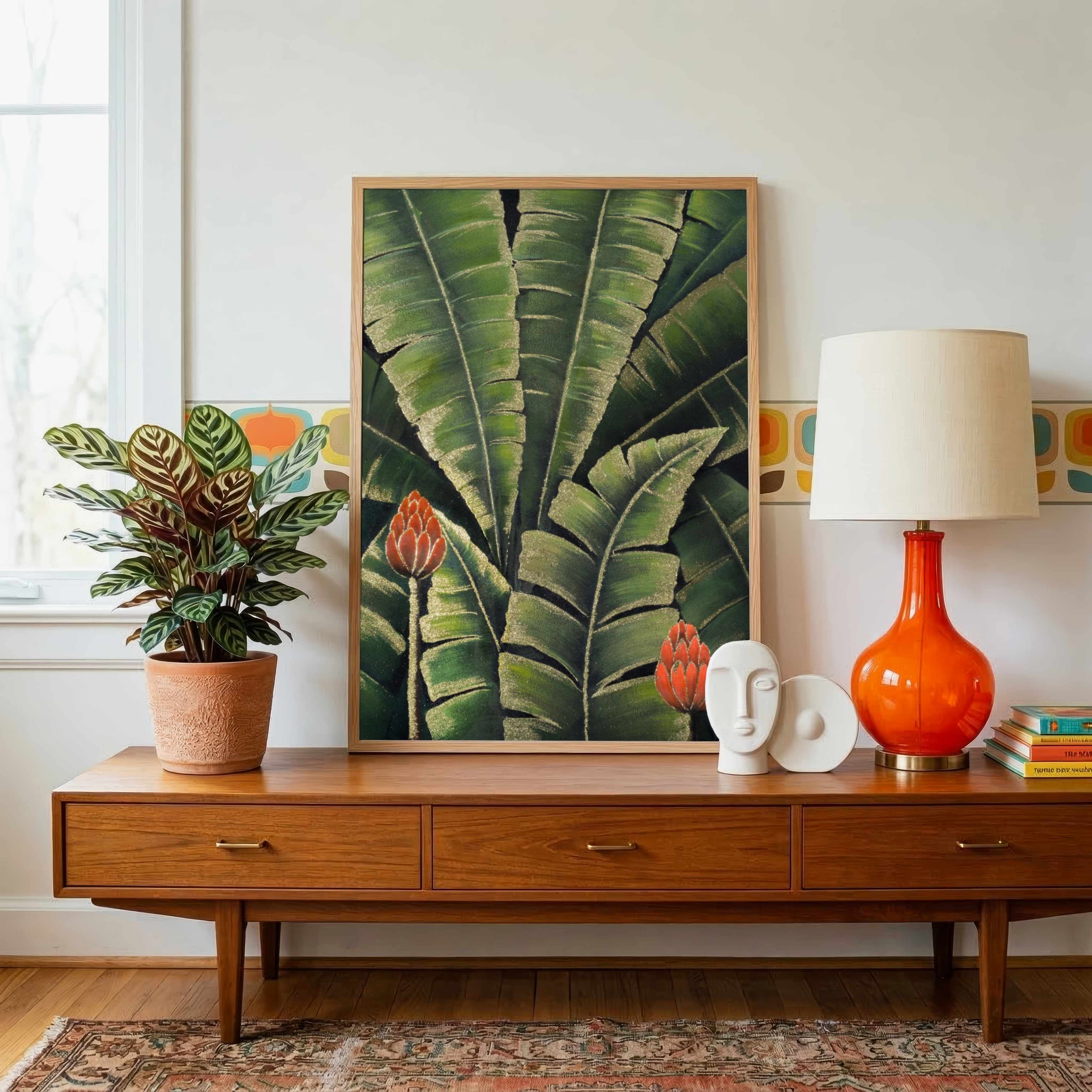 "Tropical Banana Leaves" Classical Oil Painting Botanical Giclée Print | Fine Art Wall Art 3 : 4 Vertical Premium Wall Art Canvas by MeriDeewar