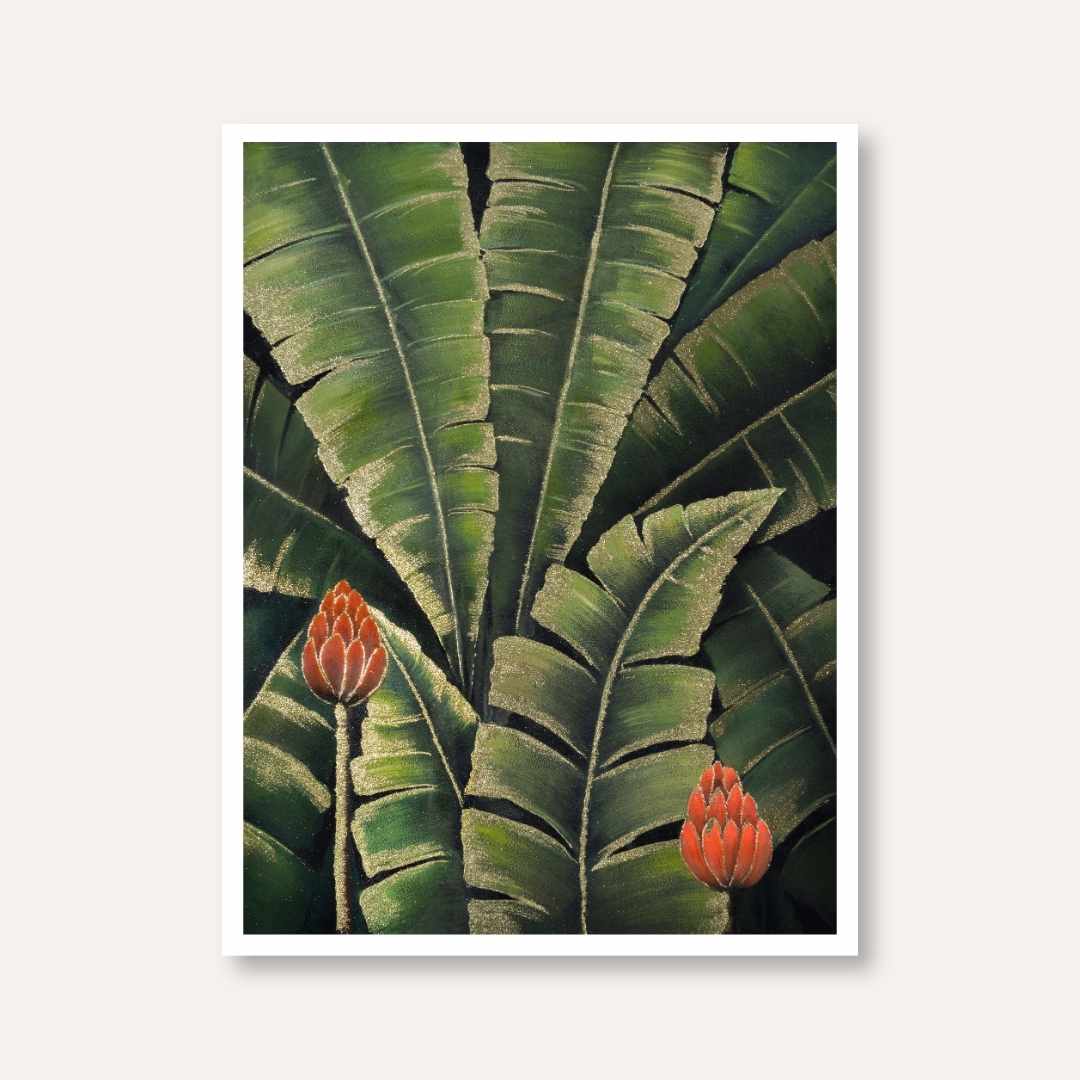 "Tropical Banana Leaves" Classical Oil Painting Botanical Giclée Print | Fine Art Wall Art 3 : 4 Vertical Premium Wall Art Canvas by MeriDeewar