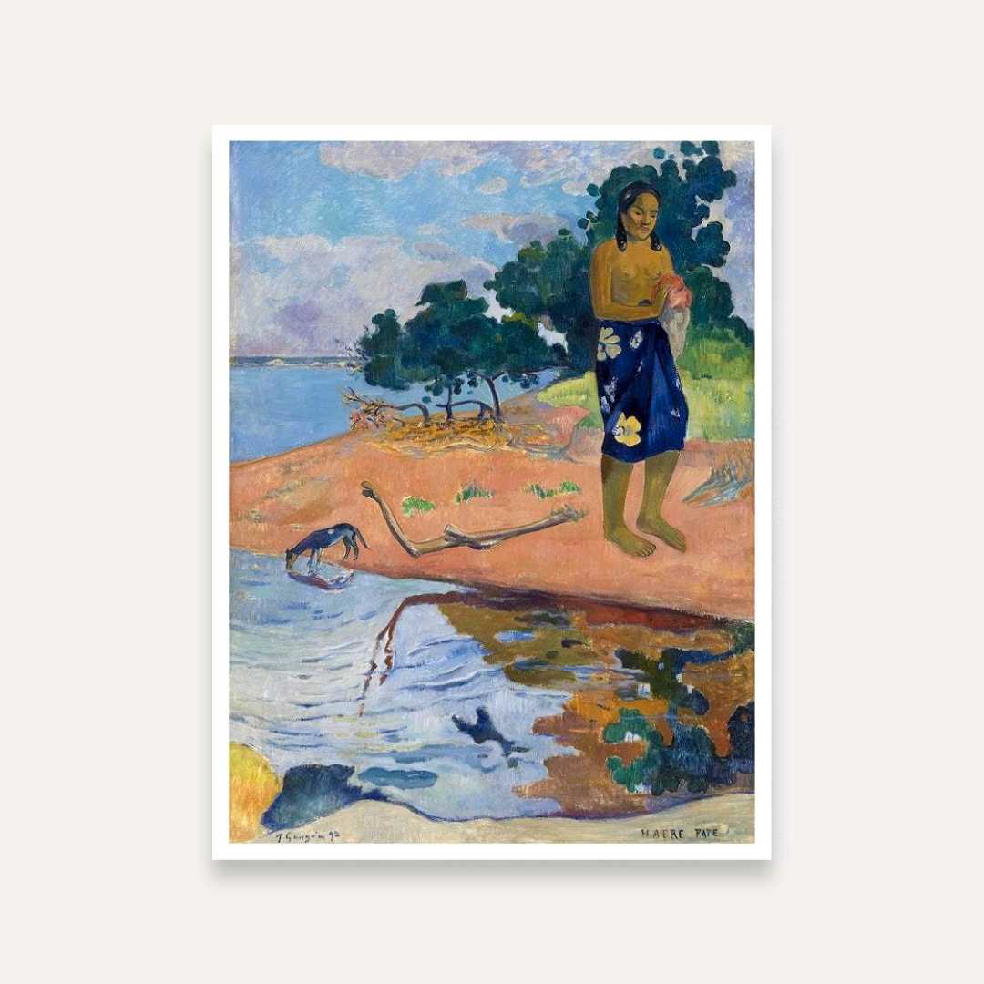 Tropical Beach Painting for Living Room | Paul Gauguin Haere Pape | Wall Art Print 3 : 4 Vertical Premium Wall Art Canvas by MeriDeewar