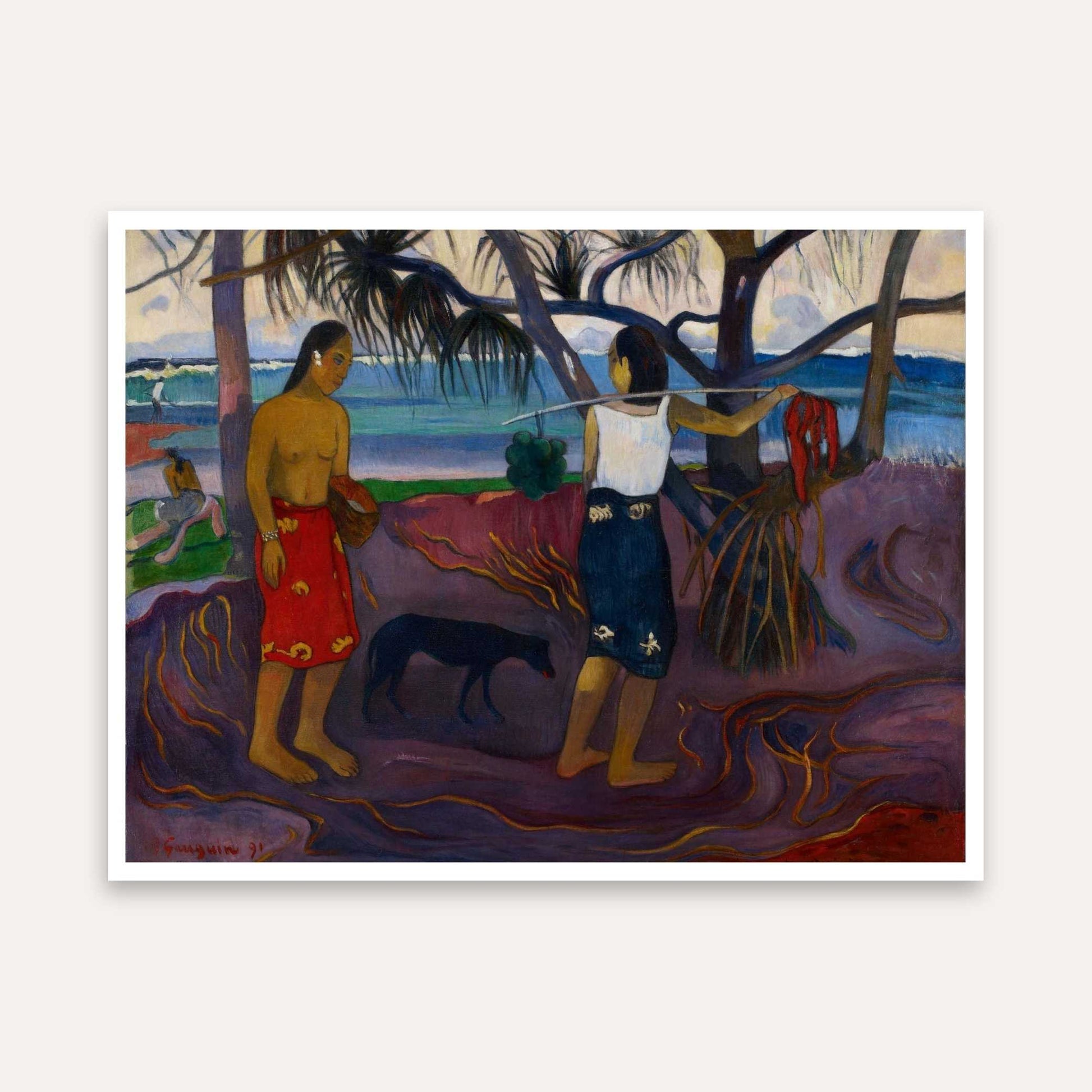 Tropical Beach Painting for Living Room – Paul Gauguin Under the Pandanus | Giclée Art Print 4 : 3 Horizontal Premium Wall Art Canvas by MeriDeewar