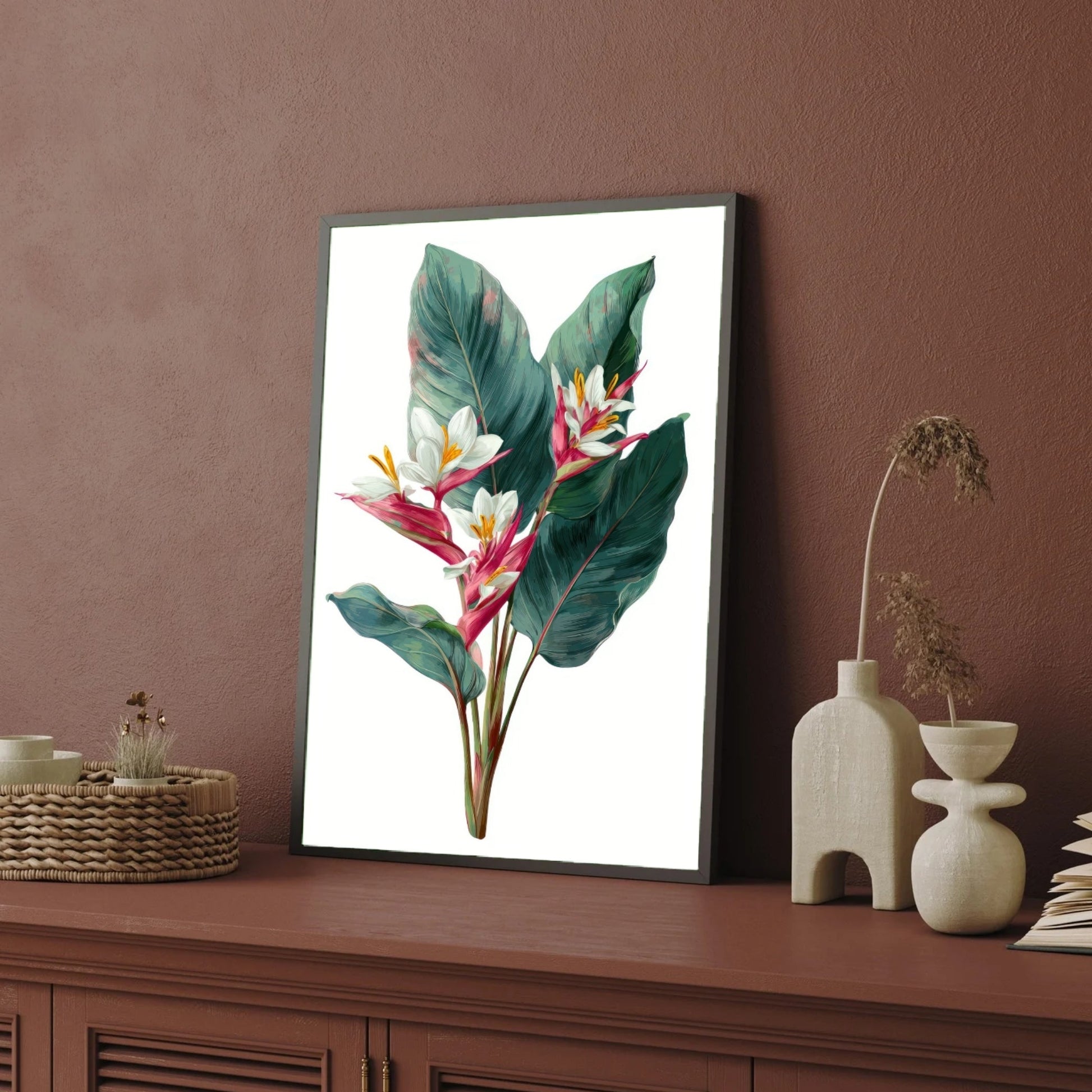 Tropical Bloom – Elegant Banana Leaf & Pink Ginger Botanical Wall Art 2 : 3 Vertical Premium Wall Art Canvas by MeriDeewar
