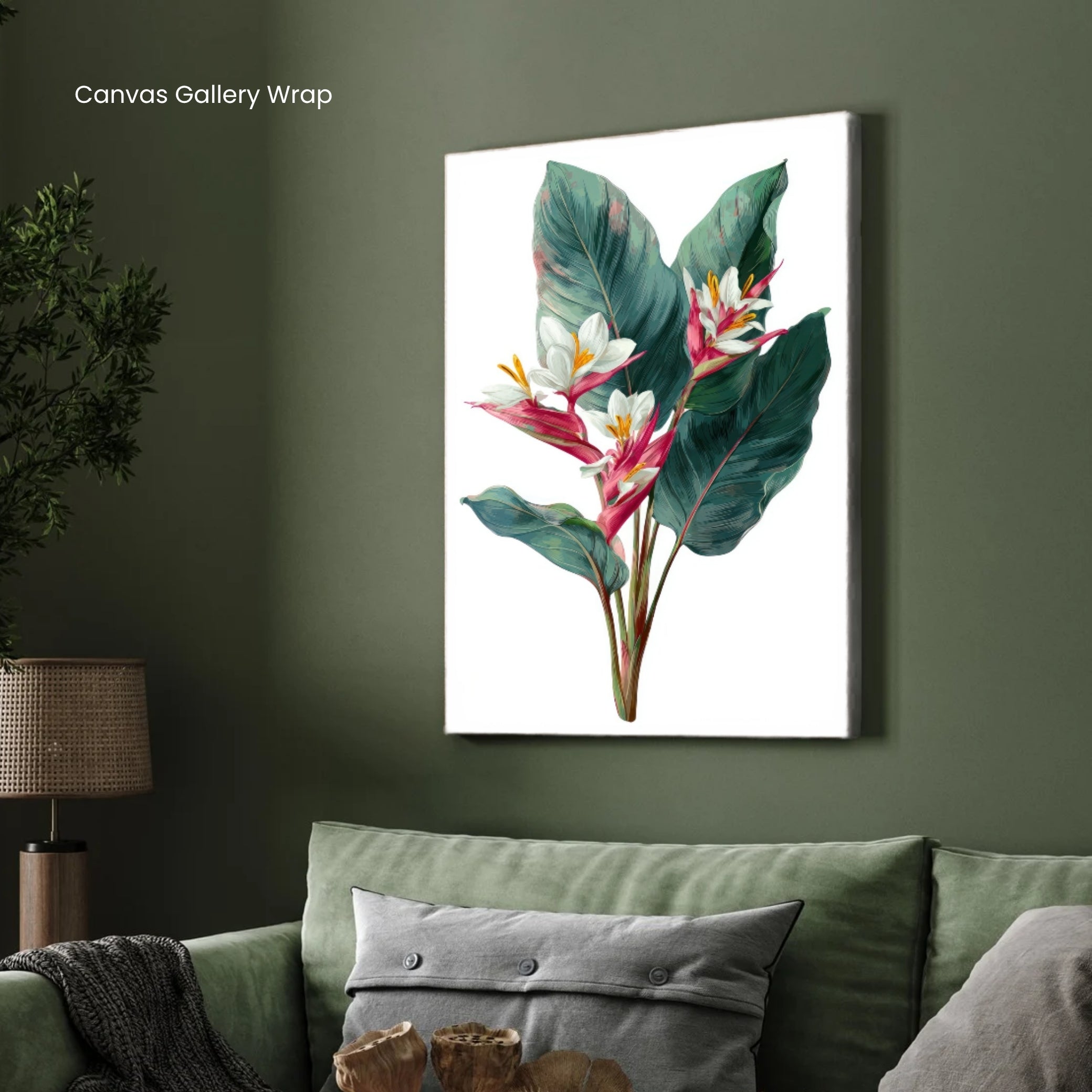 Tropical Bloom – Elegant Banana Leaf & Pink Ginger Botanical Wall Art 2 : 3 Vertical Premium Wall Art Canvas by MeriDeewar