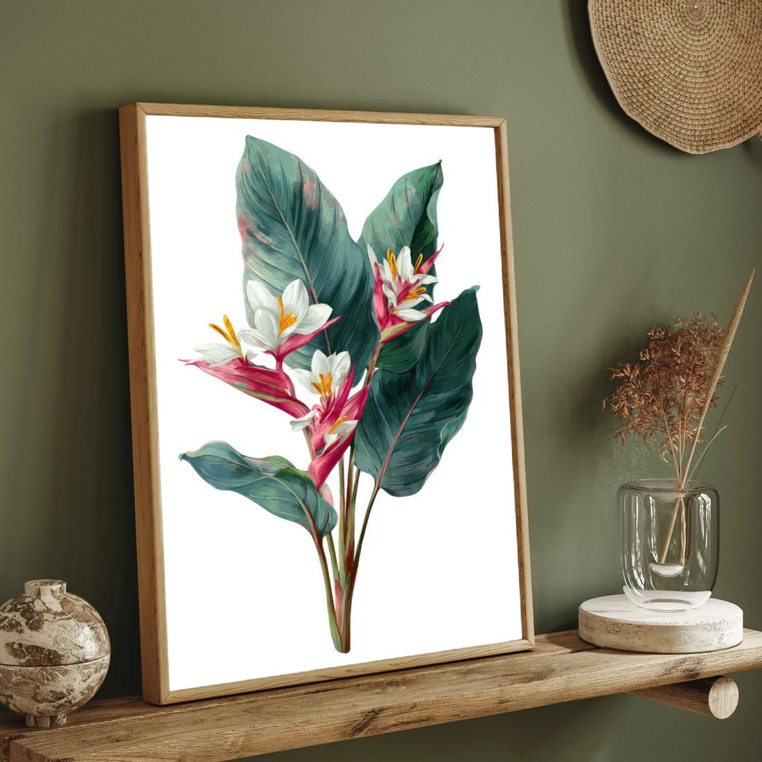 Tropical Bloom – Elegant Banana Leaf & Pink Ginger Botanical Wall Art 2 : 3 Vertical Premium Wall Art Canvas by MeriDeewar