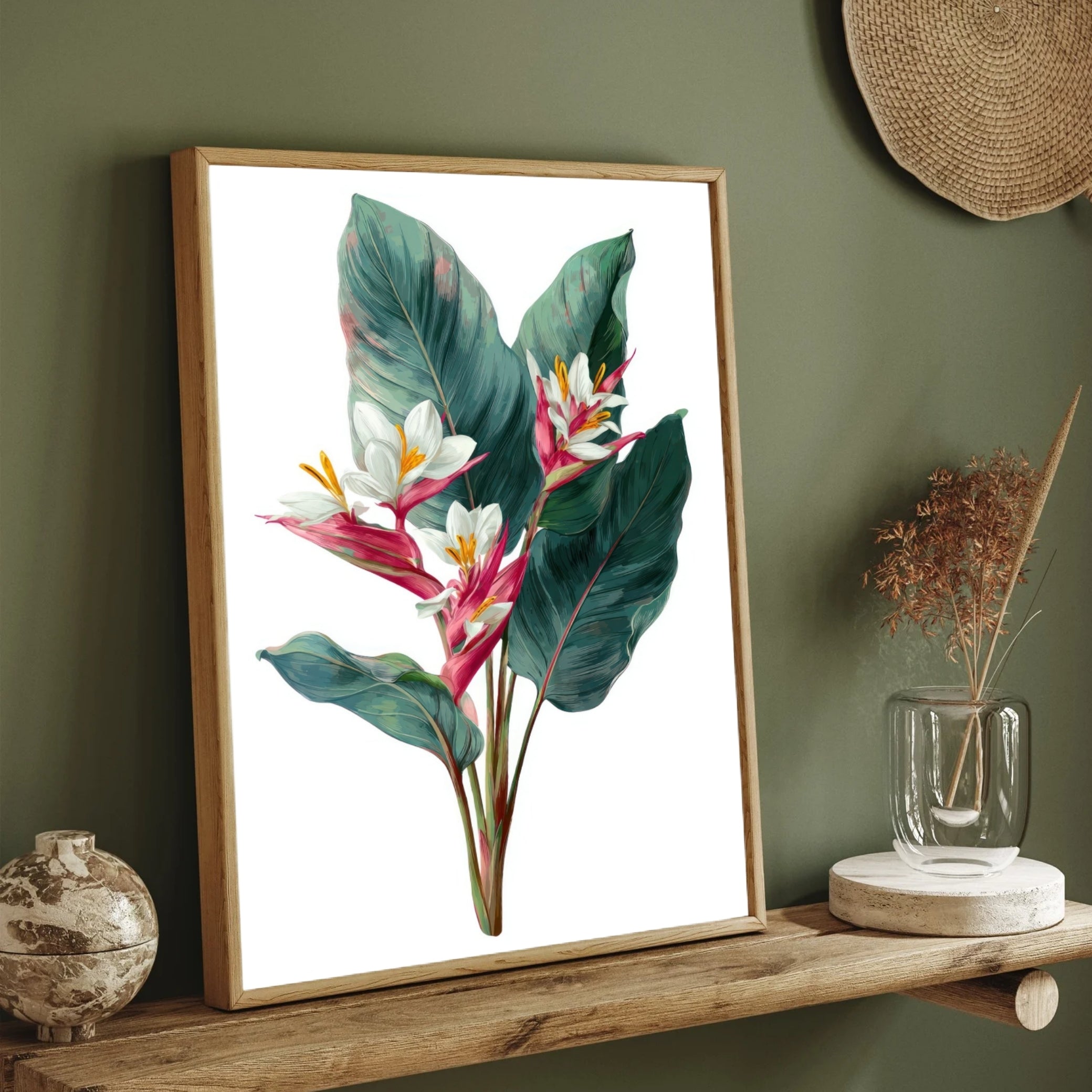 Tropical Bloom – Elegant Banana Leaf & Pink Ginger Botanical Wall Art 2 : 3 Vertical Premium Wall Art Canvas by MeriDeewar