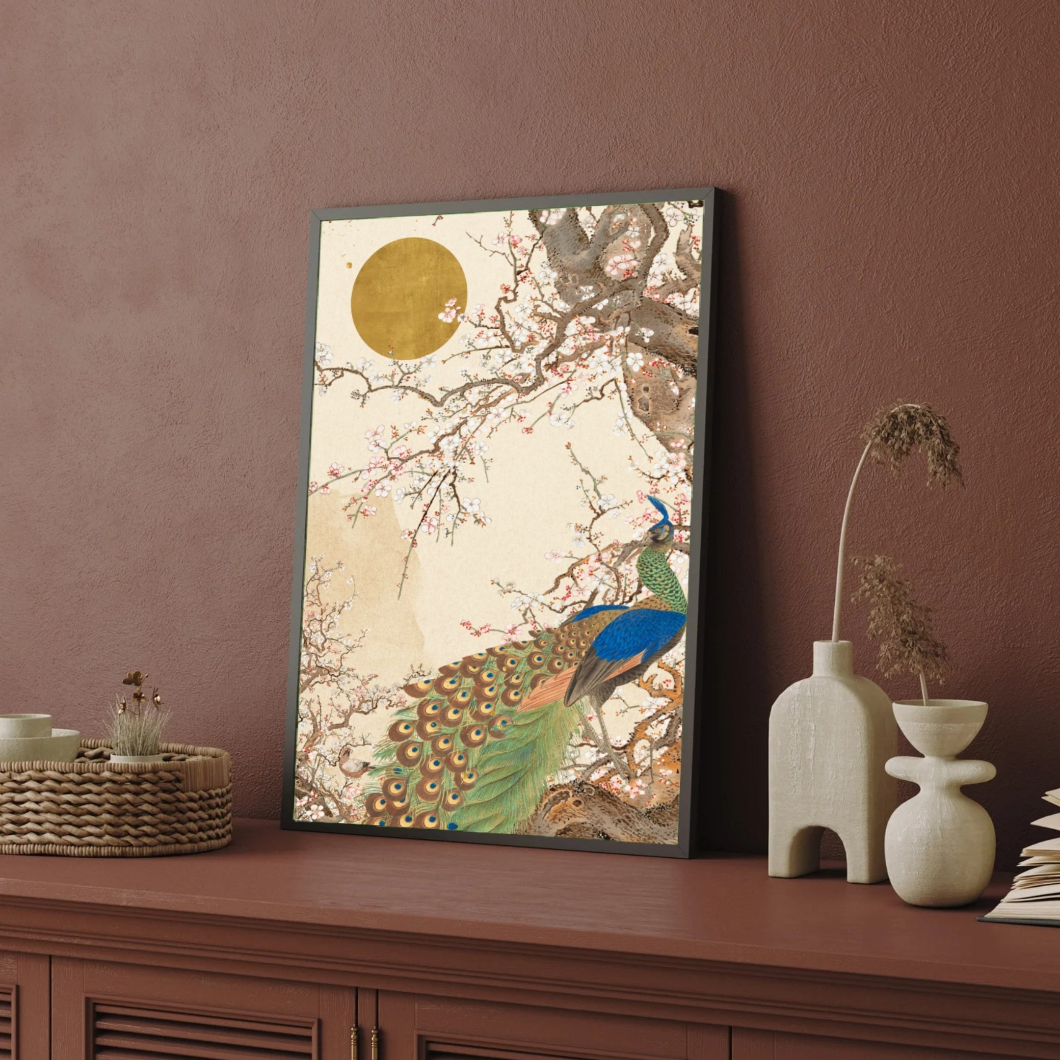 Tropical Canopy with Peacock — Jungle Botanical Canvas 2 : 3 Vertical Premium Wall Art Canvas by MeriDeewar